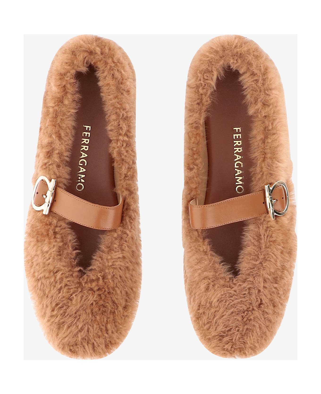 Ferragamo Gancini Ornamental Ballet Flats In Shearling - Beige