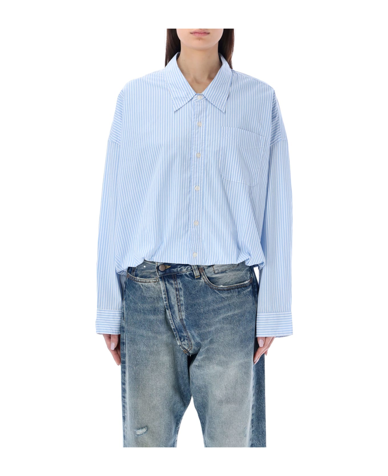 R13 Gathered Hem Shirt - LIGHT BLUE MEDIUM STRIPE