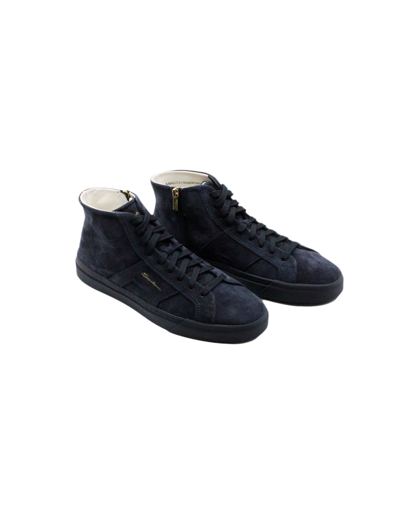 Santoni High-top Sneaker In Soft Suede Calfskin With Side Zip And Laces With Side Logo Lettering - Blu