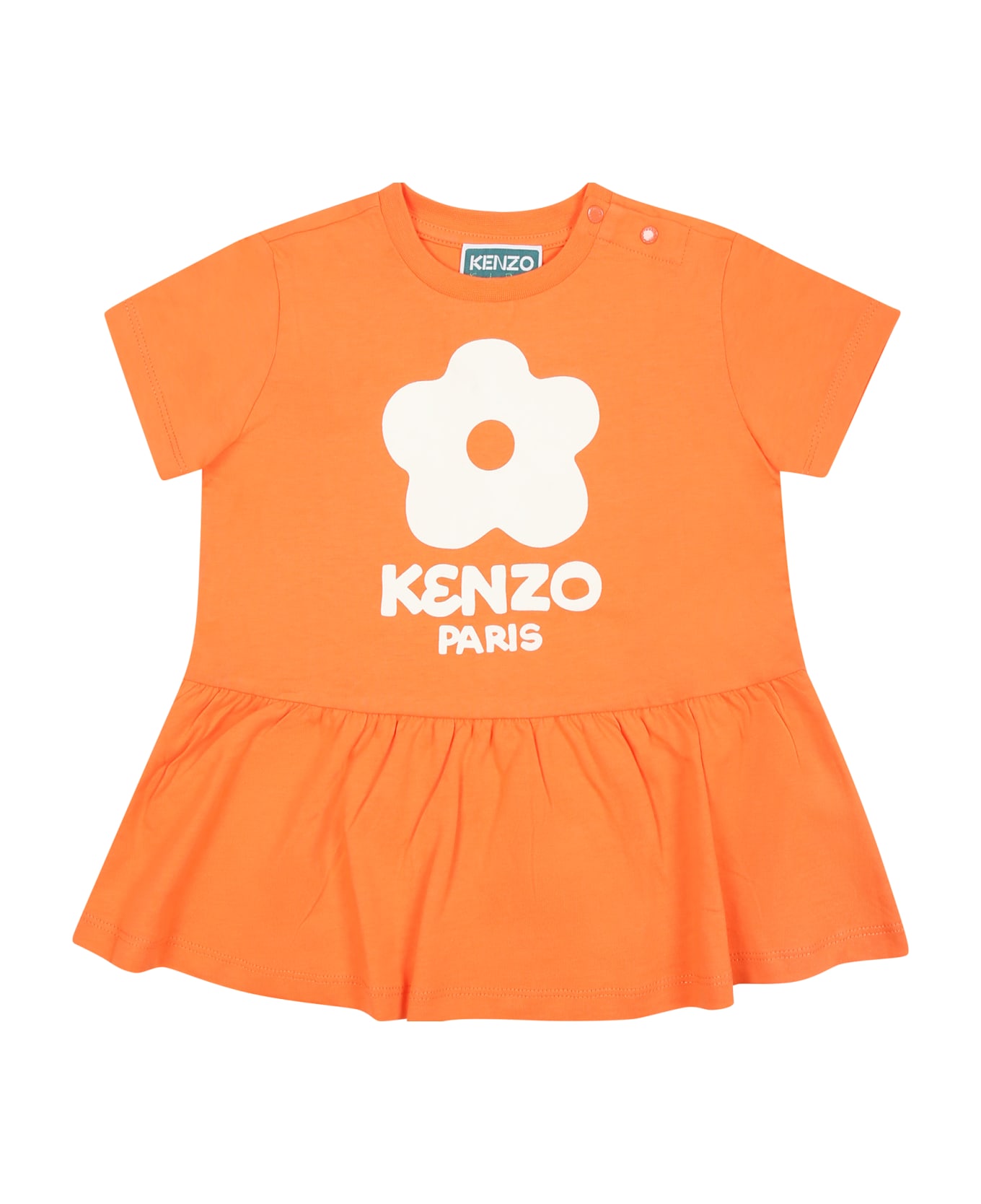 Kenzo Kids Orange Casual Dress For Baby Girl With Boke Flower - Orange