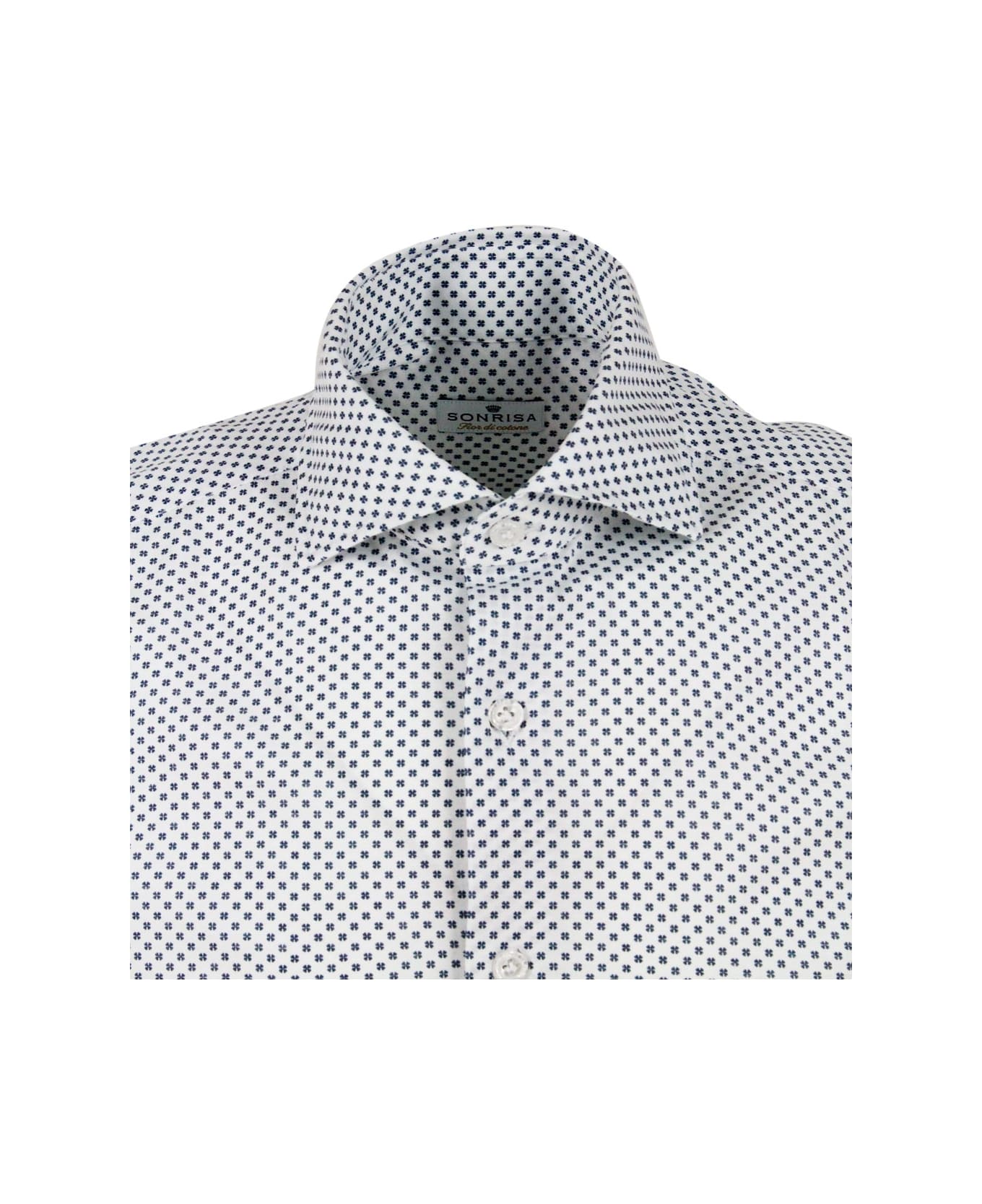 Sonrisa Luxury Shirt In Soft, Precious And Very Fine Stretch Cotton Flower With French Collar In Small Blue Four-leaf Clover Print - White