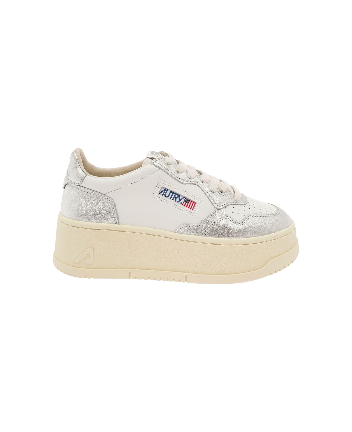 Autry White And Silver Low Top Platform Sneakers With Logo In Leather Woman - White