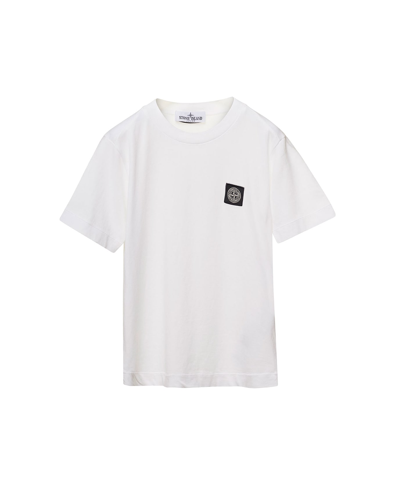 Stone Island Junior White Crewneck T-shirt With Patch Logo In Cotton Boy - White