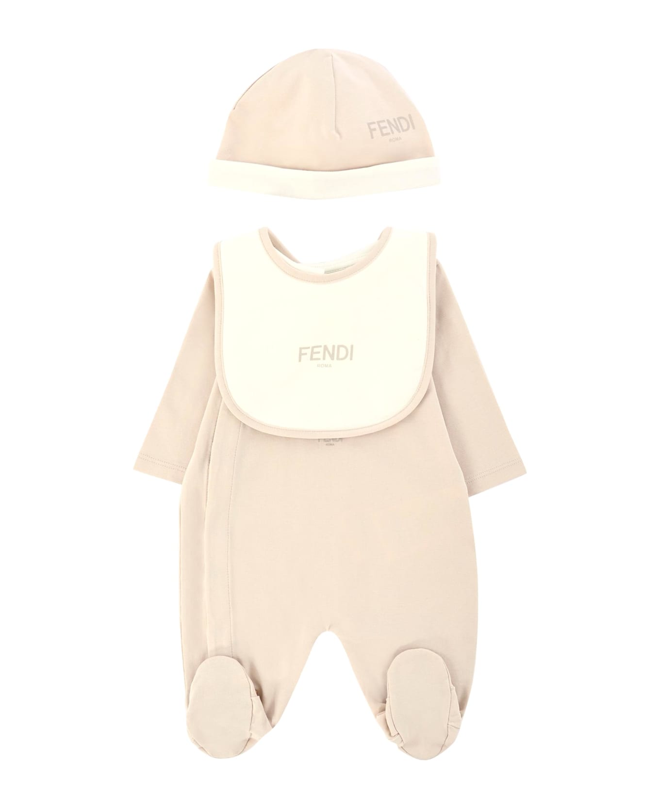 Fendi Beige Babygrow Set For Babykids With Teddy Bear - Beige