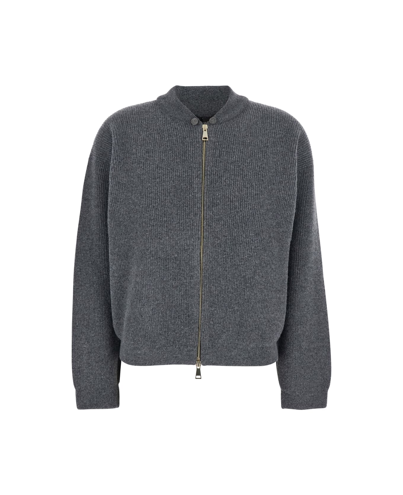 Fabiana Filippi Grey Ribbed Knit Sweatshirt With Front Zip Closure In Wool Blend Woman - Grey