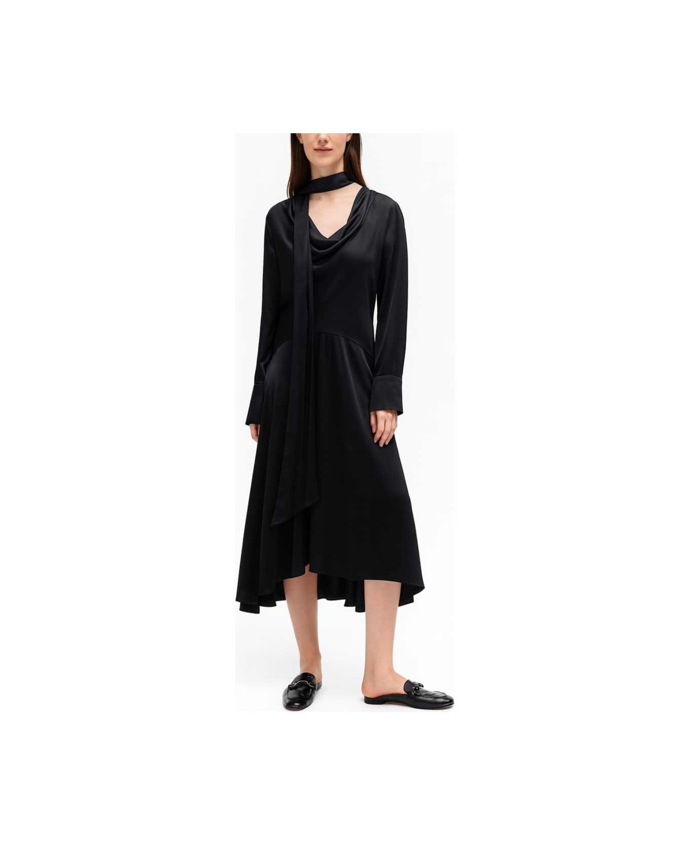 Ganni Midi Dress With Scarf - BLACK