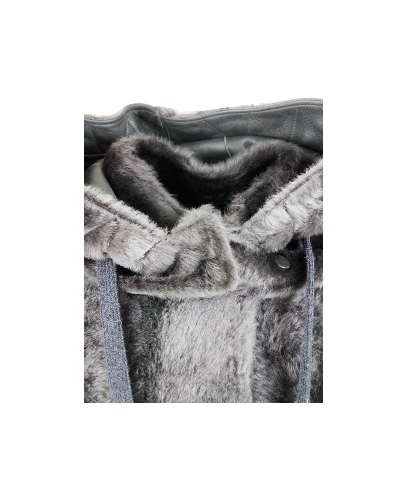 Brunello Cucinelli Long Shearling Coat With Detachable Hood And Monili Along The Zip Closure - Grey