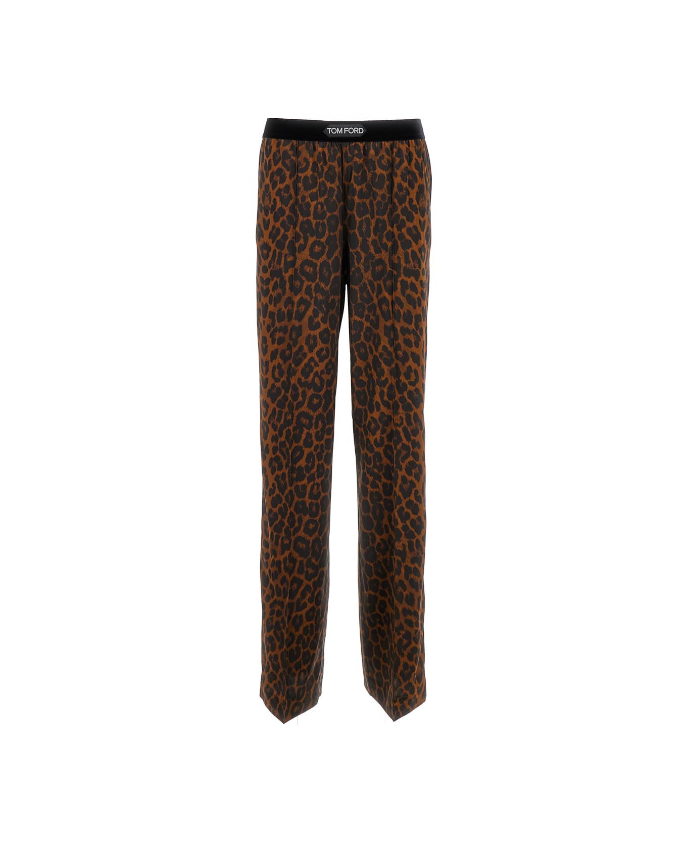 Tom Ford Brown Leopard Print Straight Trousers In Silk Blend Woman - Brown