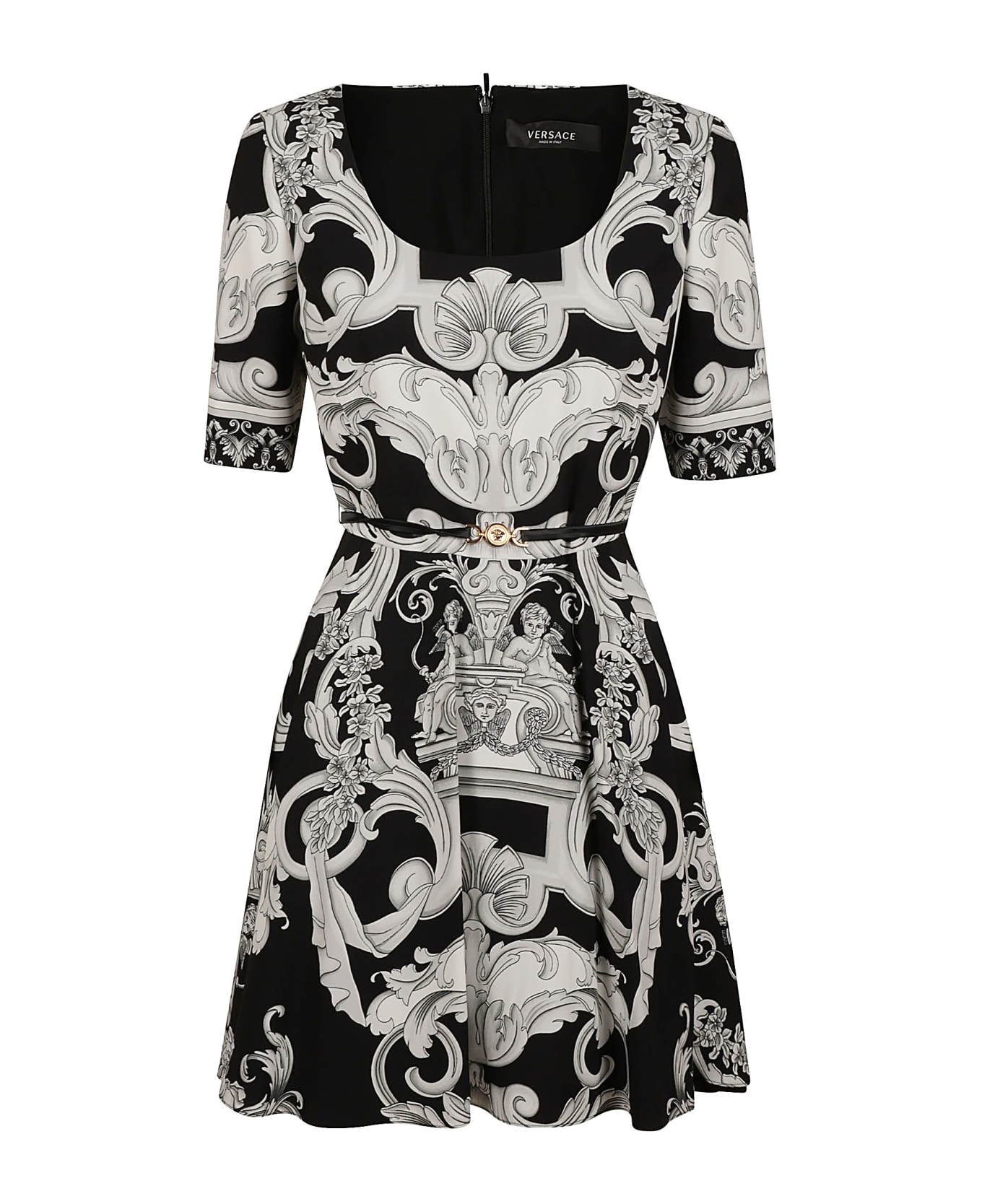 Versace Baroque Print Belted Short Dress - White/Black