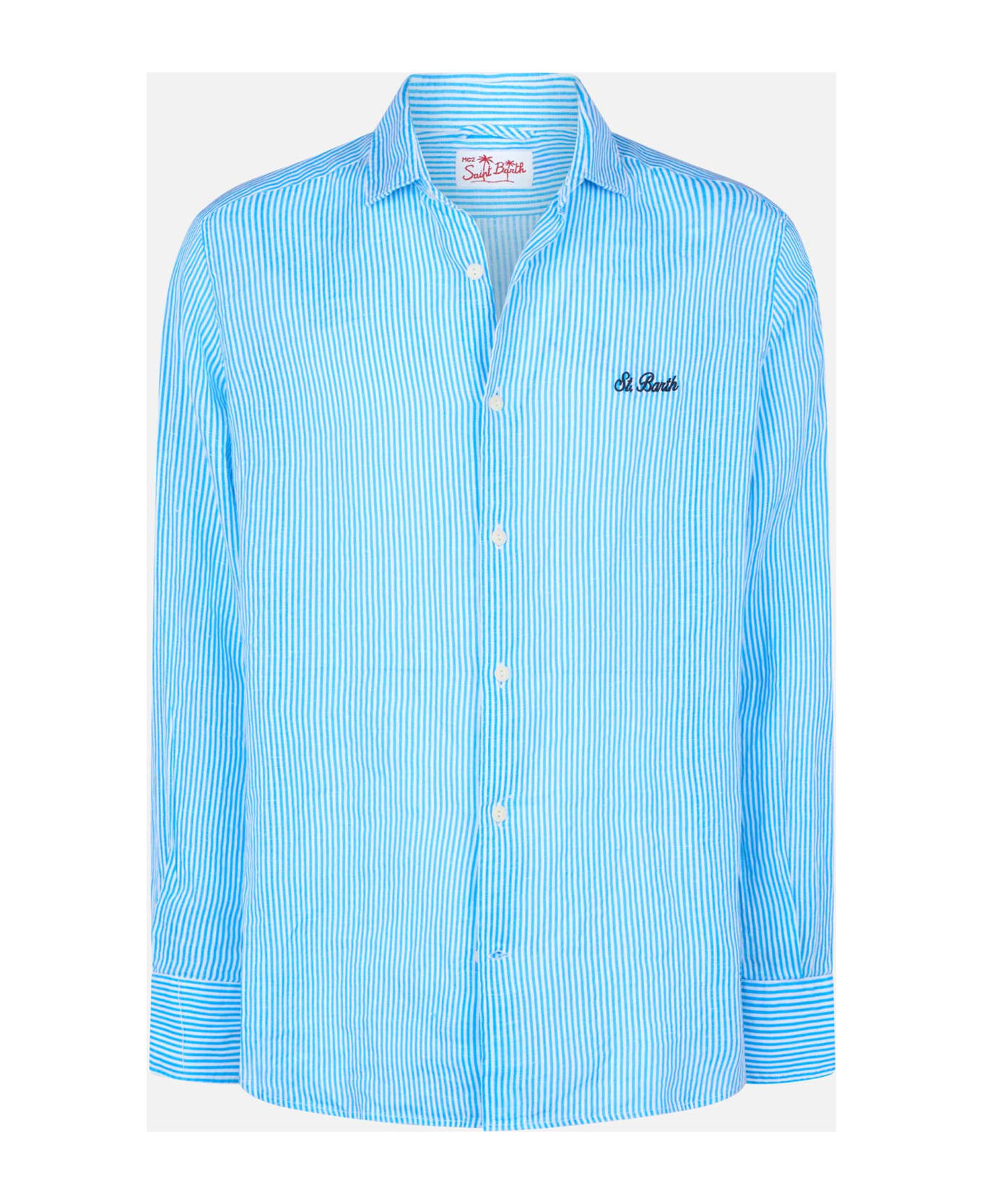 MC2 Saint Barth Man Turquoise Striped Linen Shirt Pamplona - SKY