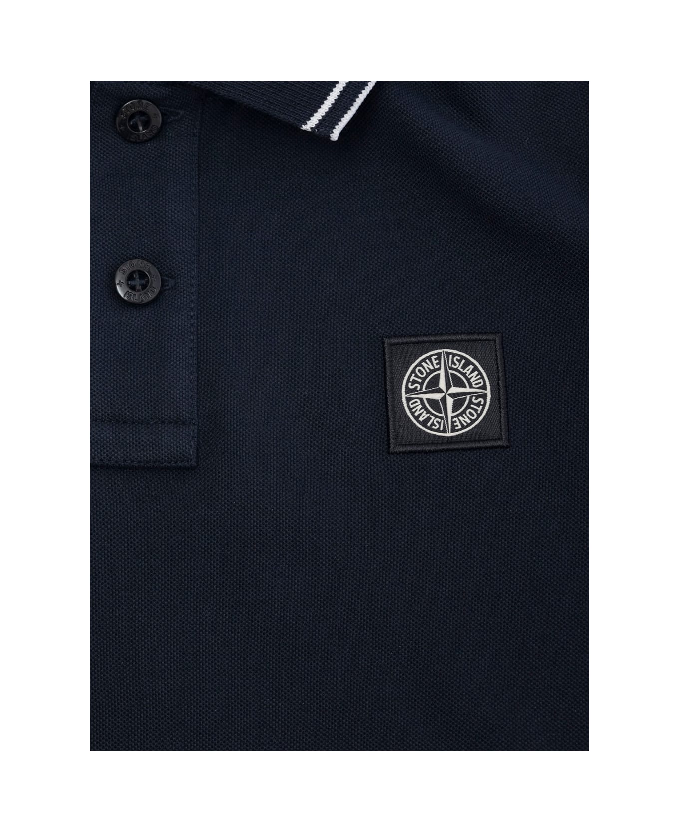 Stone Island Junior Dark Blue Polo Shirt With Classic Collar And Chest Logo Patch In Cotton Boy - Blu