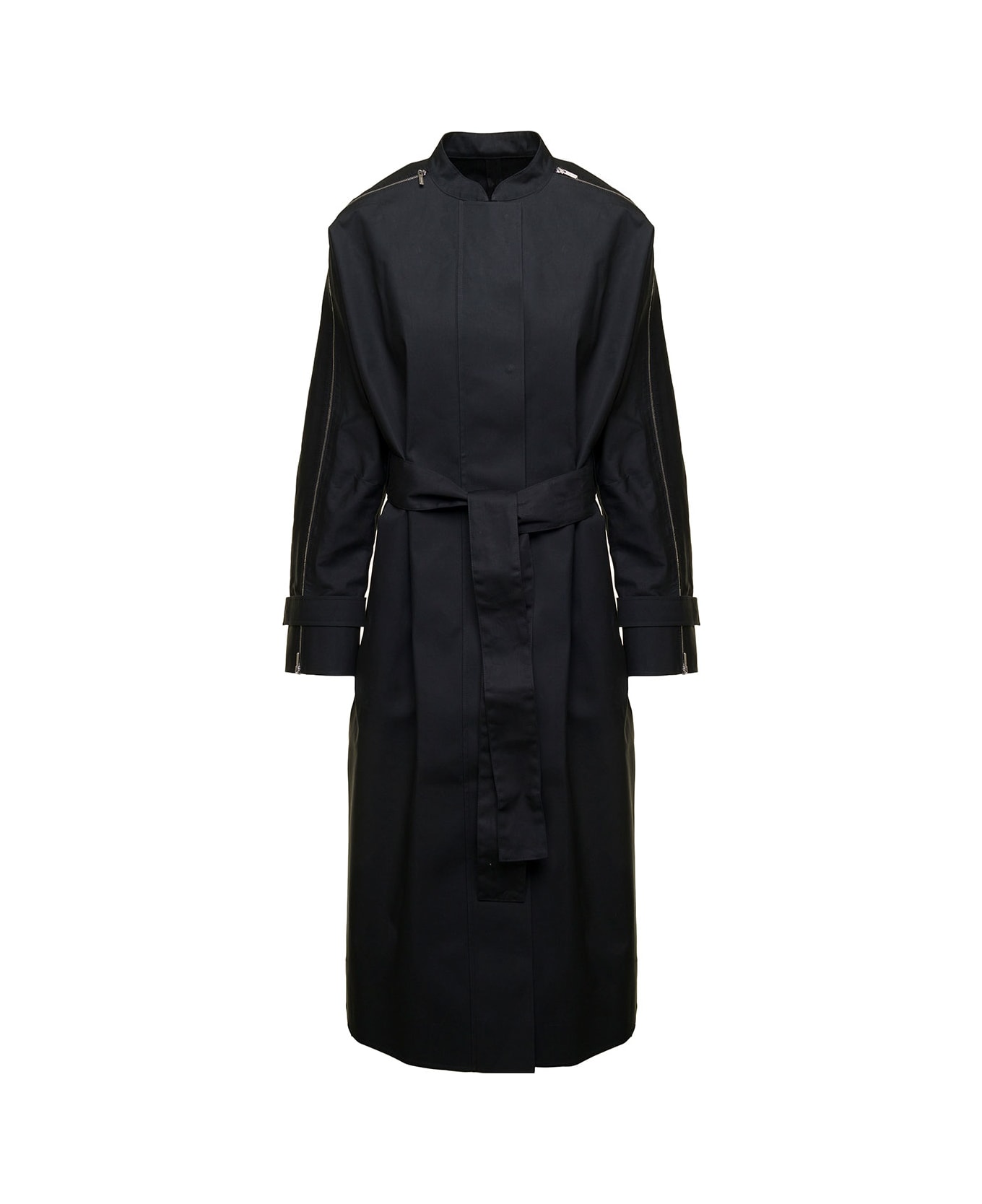 Ferragamo Long Blue Trench Coat With Matching Belt And Zip In Cotton Blend Woman - Black