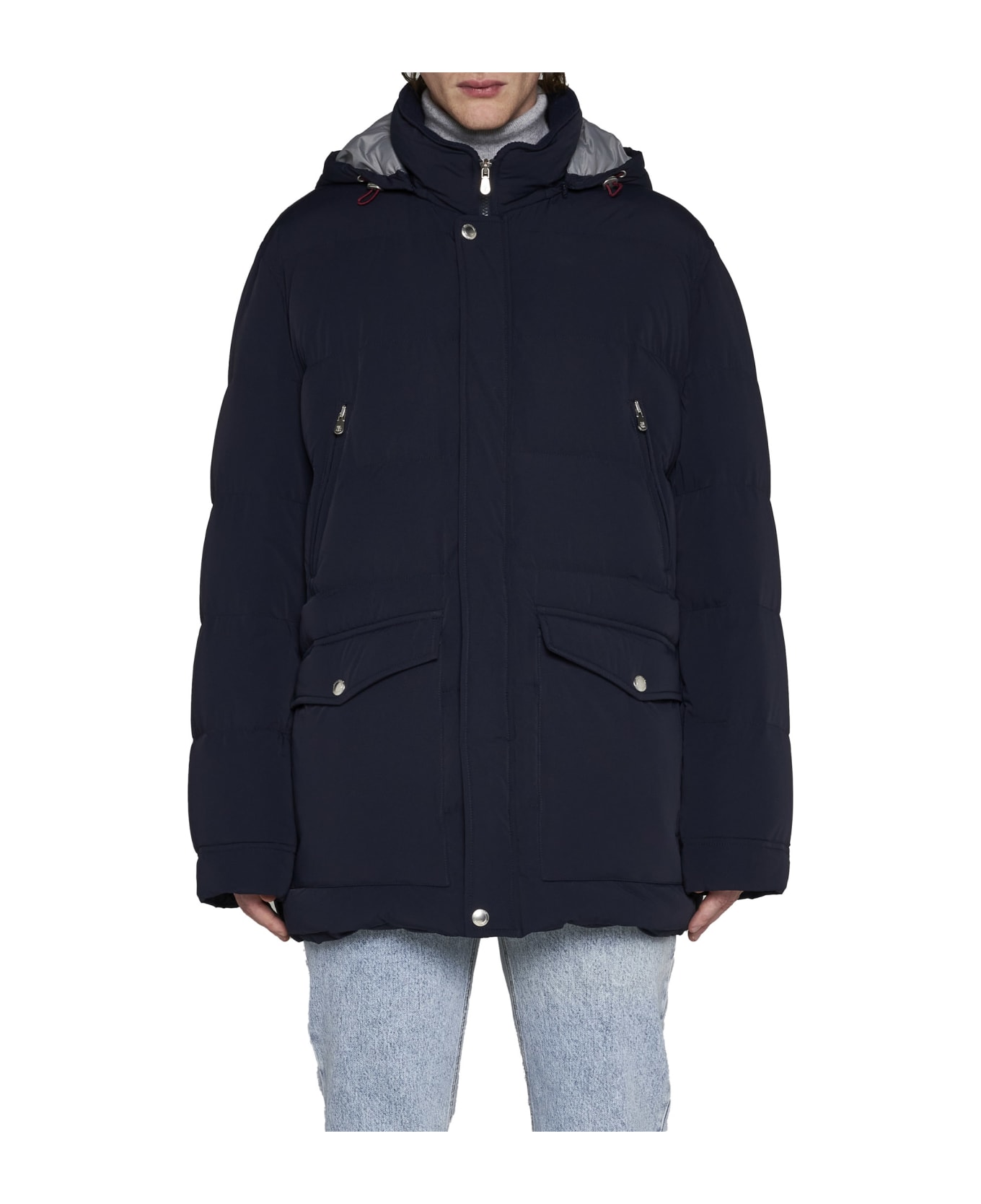 Brunello Cucinelli Quilted Nylon Down Jacket With Detachable Hood - Navy