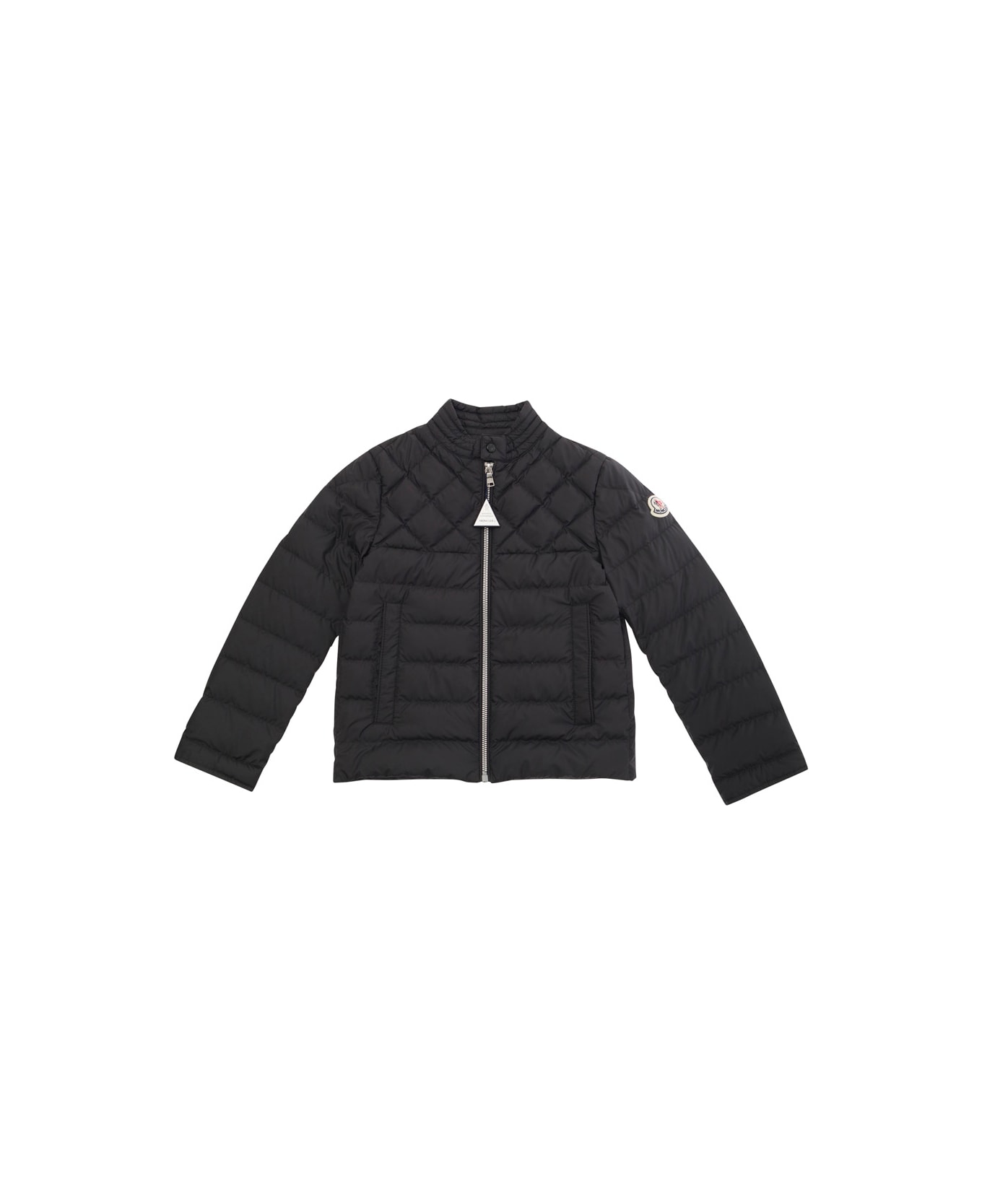 Moncler 'cleanthe' Black Down Jacket With Logo Patch In Nylon Boy - Black