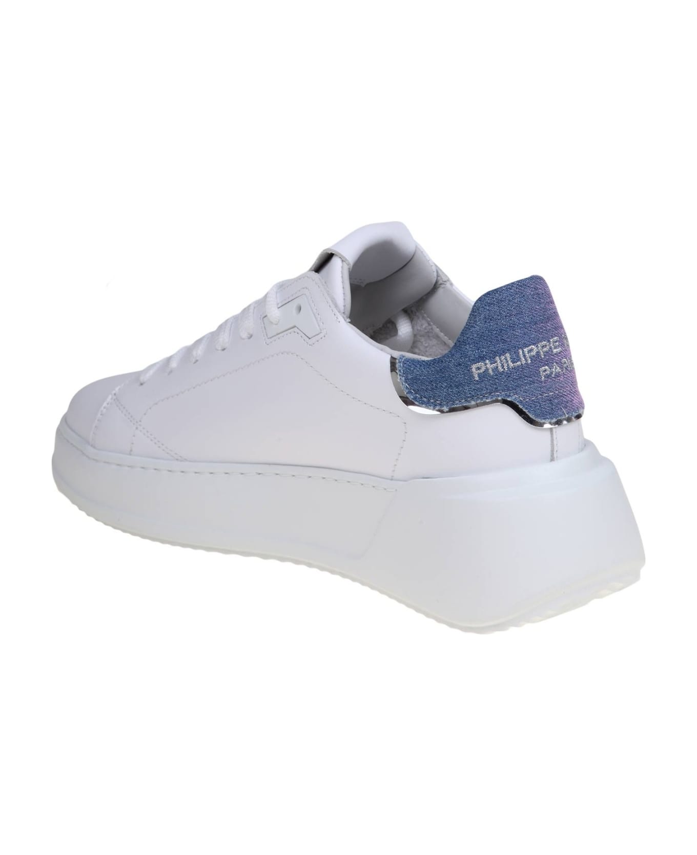 Philippe Model Tres Temple Low In White Leather And Jeans - WHITE