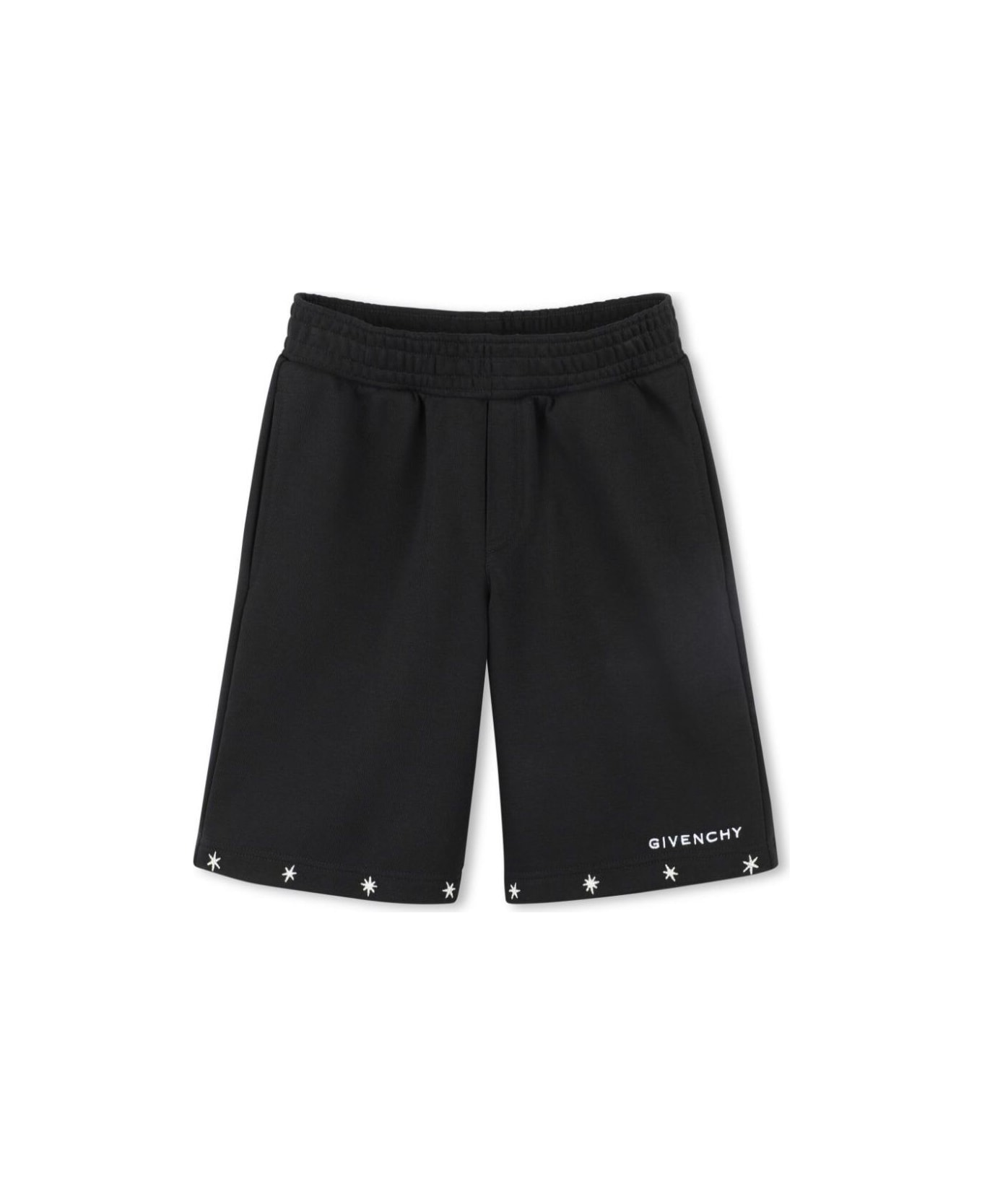 Givenchy Black Shorts With Logo Lettering On The Front And Star Embroidery In Cotton Blend Boy - Black