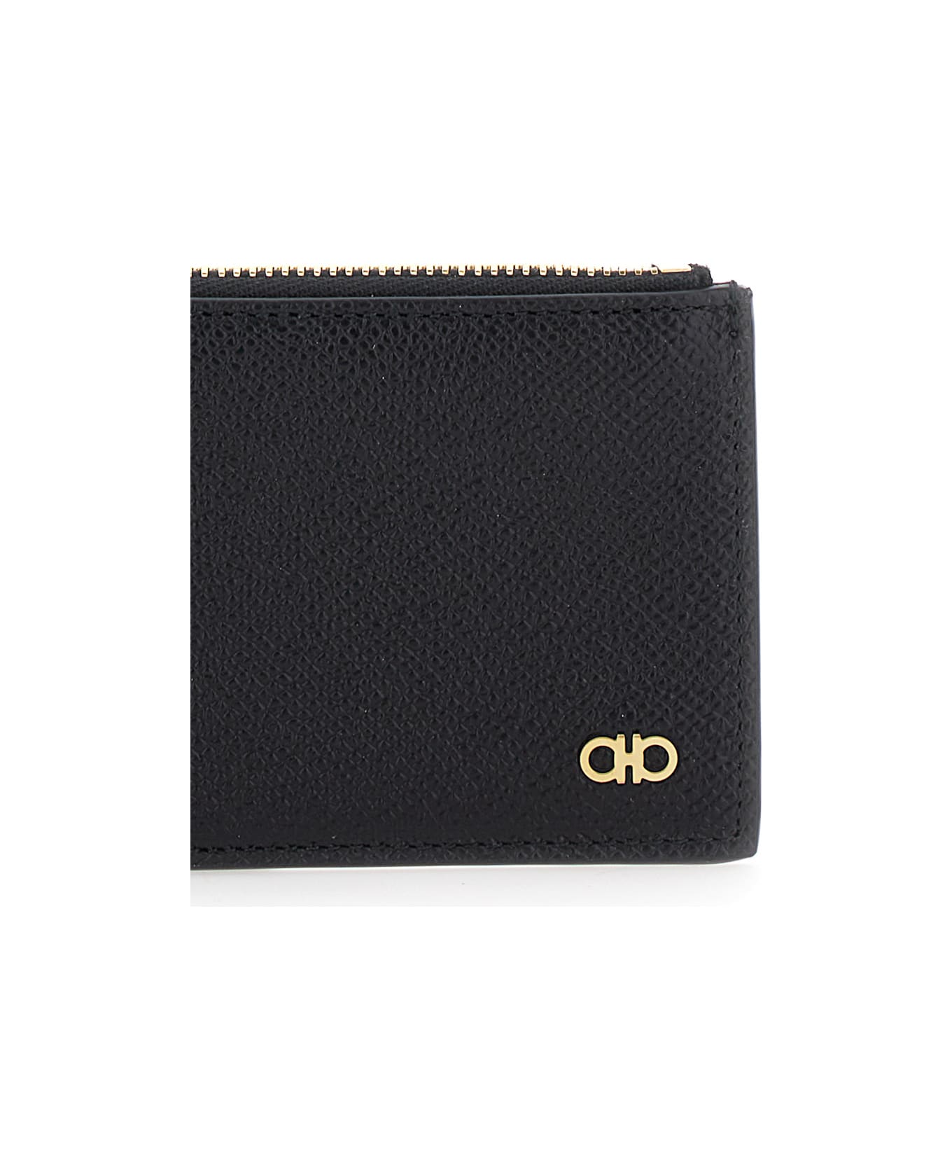 Ferragamo Black Card-holder With Micro Gancini Detail In Hammered Leather Man - Black