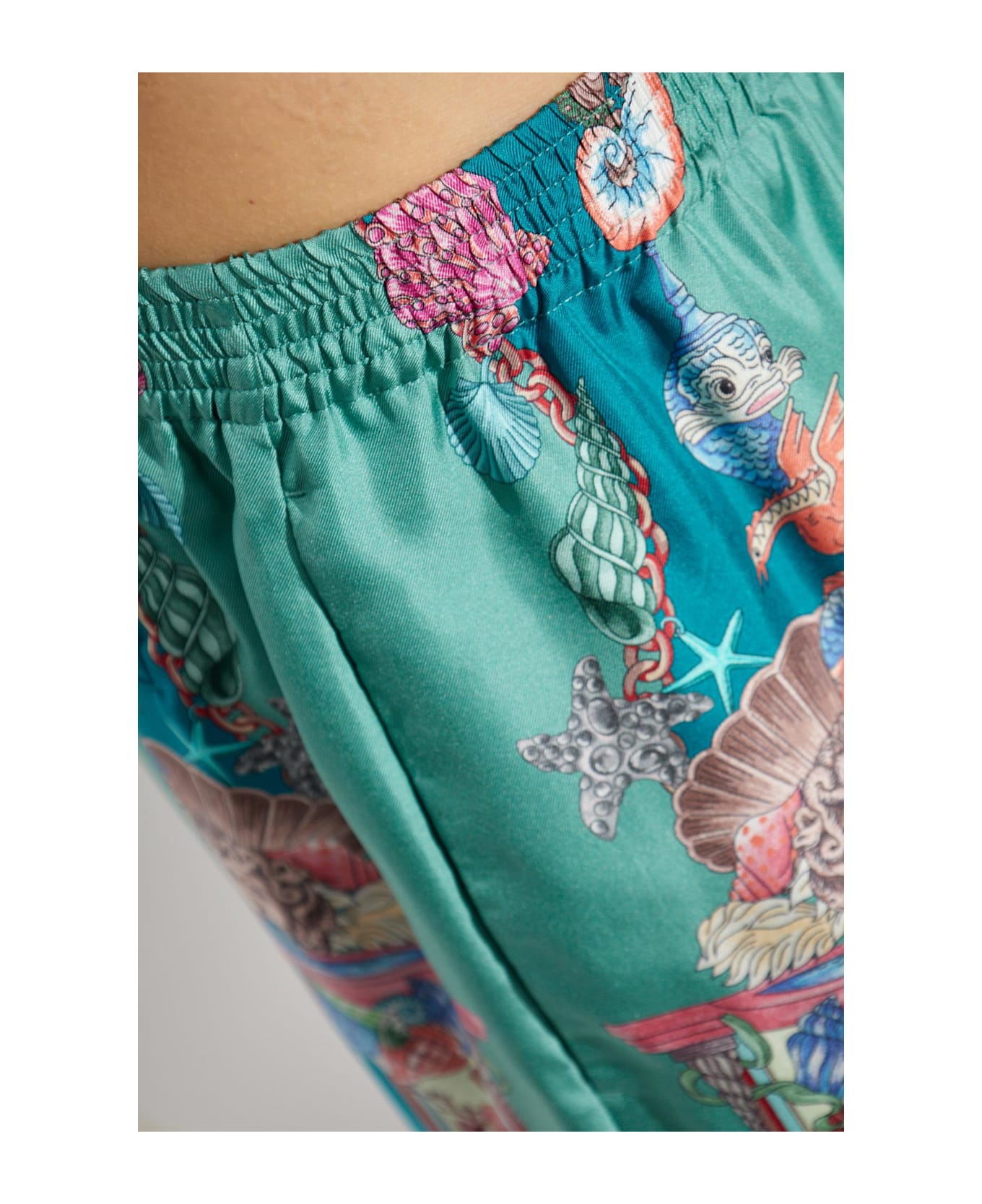 Versace Silk Shorts With 
coral Theatre
 Print - Sea Green+Dark Sea Green