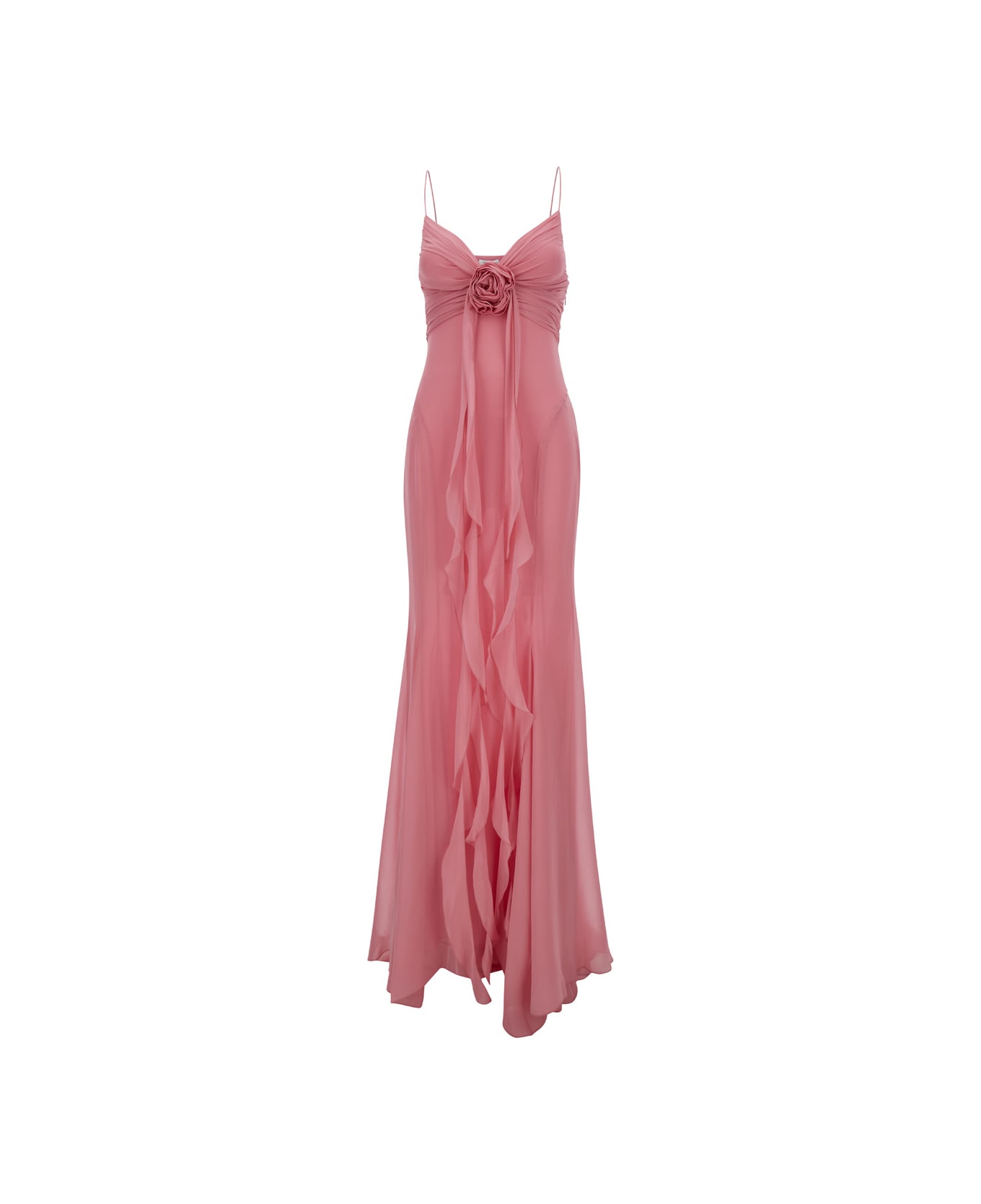 Blumarine Pink Draped Maxi Dress With Rose Applique In Silk Woman - Pink