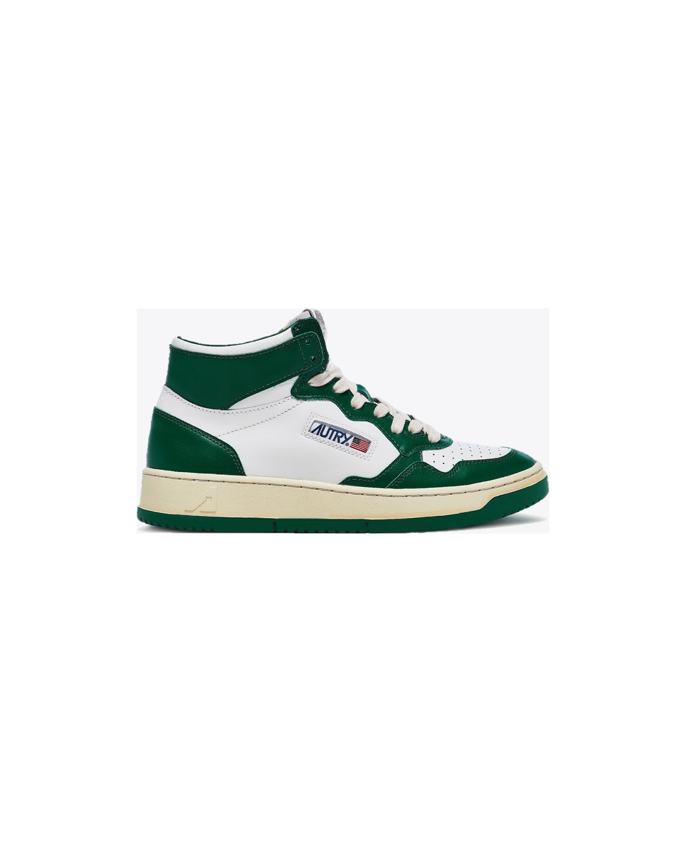 Autry 01 Mid Man Leat Mountain White and green leather mid top sneaker - Medalist Mid - Bianco/verde