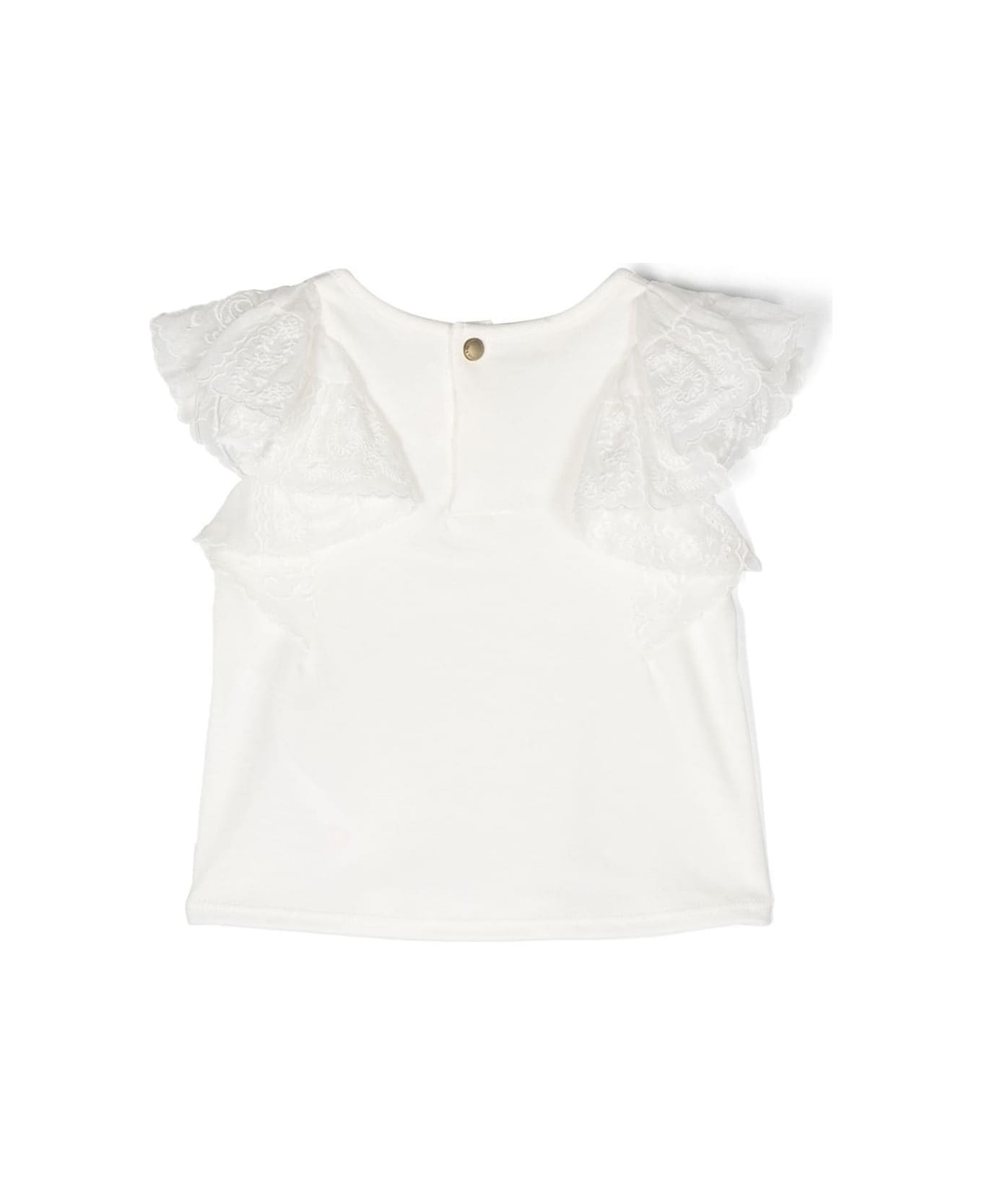 Chloé White T-shirt With Flutter Ruched Sleeves In Cotton Girl - White