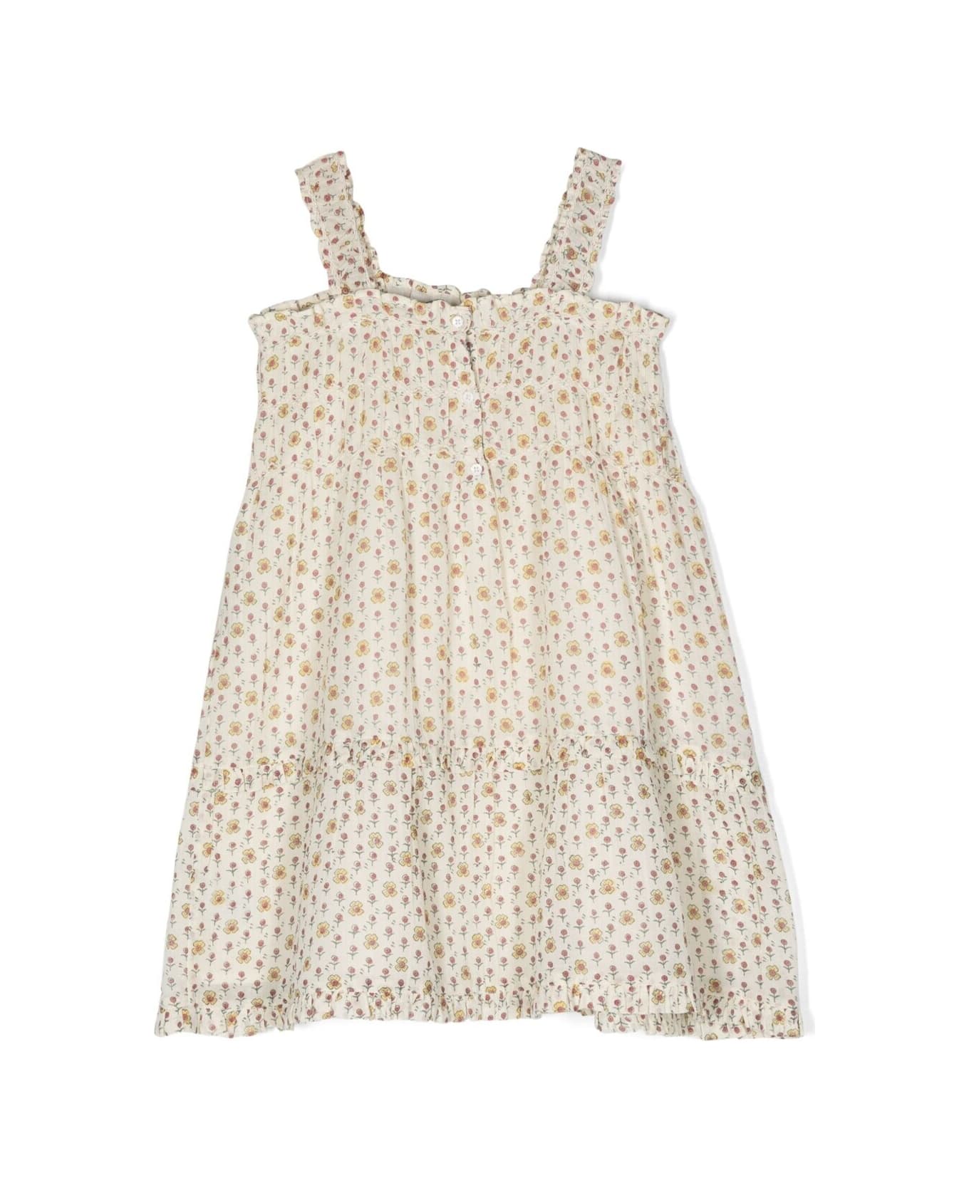 Emile Et Ida Multicolor Dress With All-over Floreal Print And Daisy Embroidery In Cotton Girl - Beige