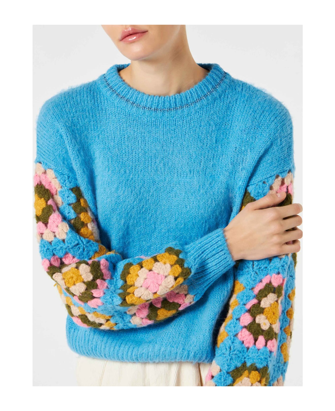 MC2 Saint Barth Woman Ultra Soft Crewneck With Handmade Crochet Sleeves - BLUE