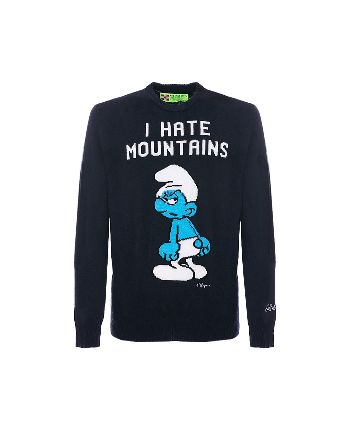 MC2 Saint Barth Man Blue Navy Sweater "i Hate Mountains Smurf" Print | ©peyo Special Edition - BLUE