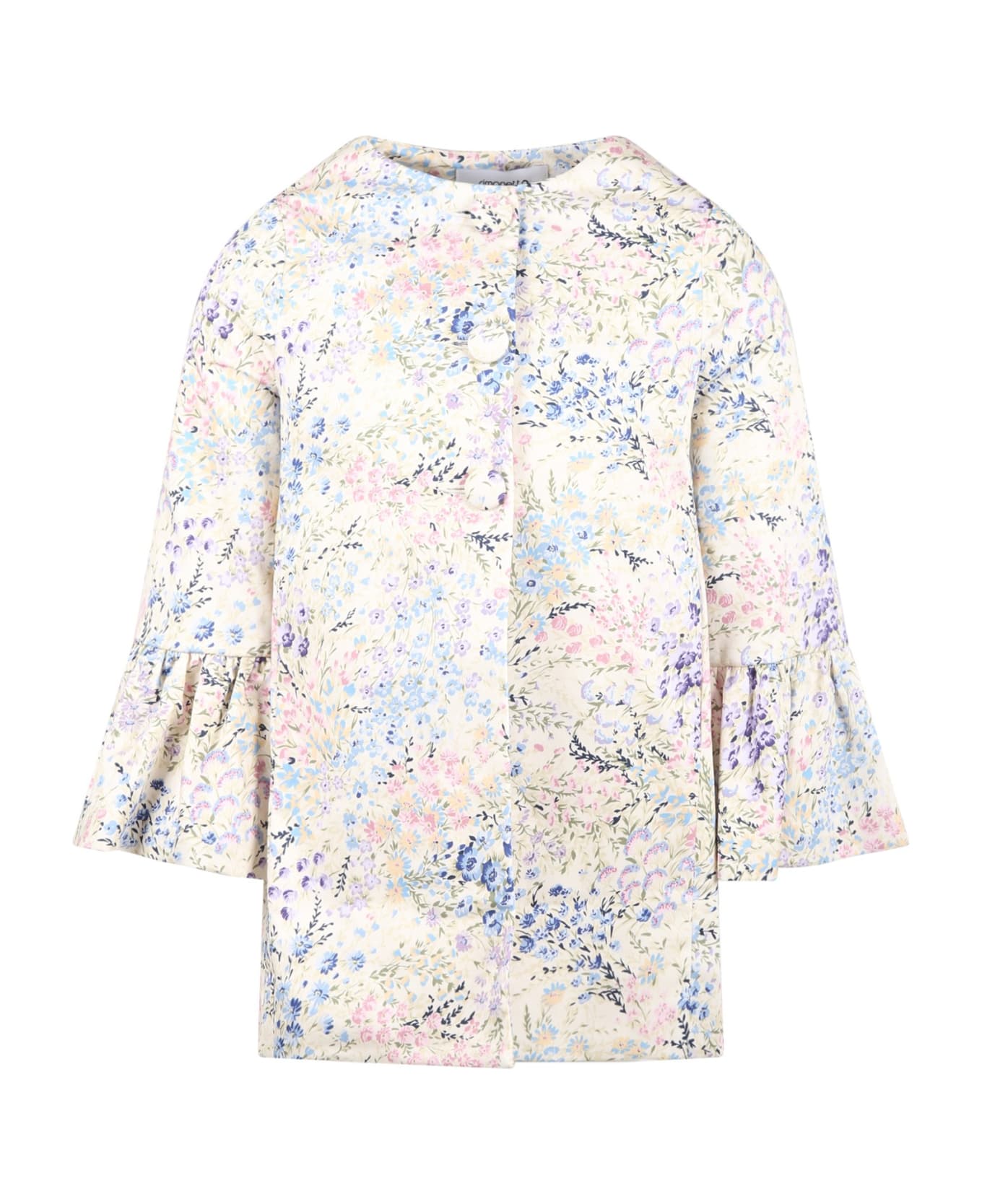 Simonetta Ivory Coat For Girl With Floral Print - Multicolor コート＆ジャケット