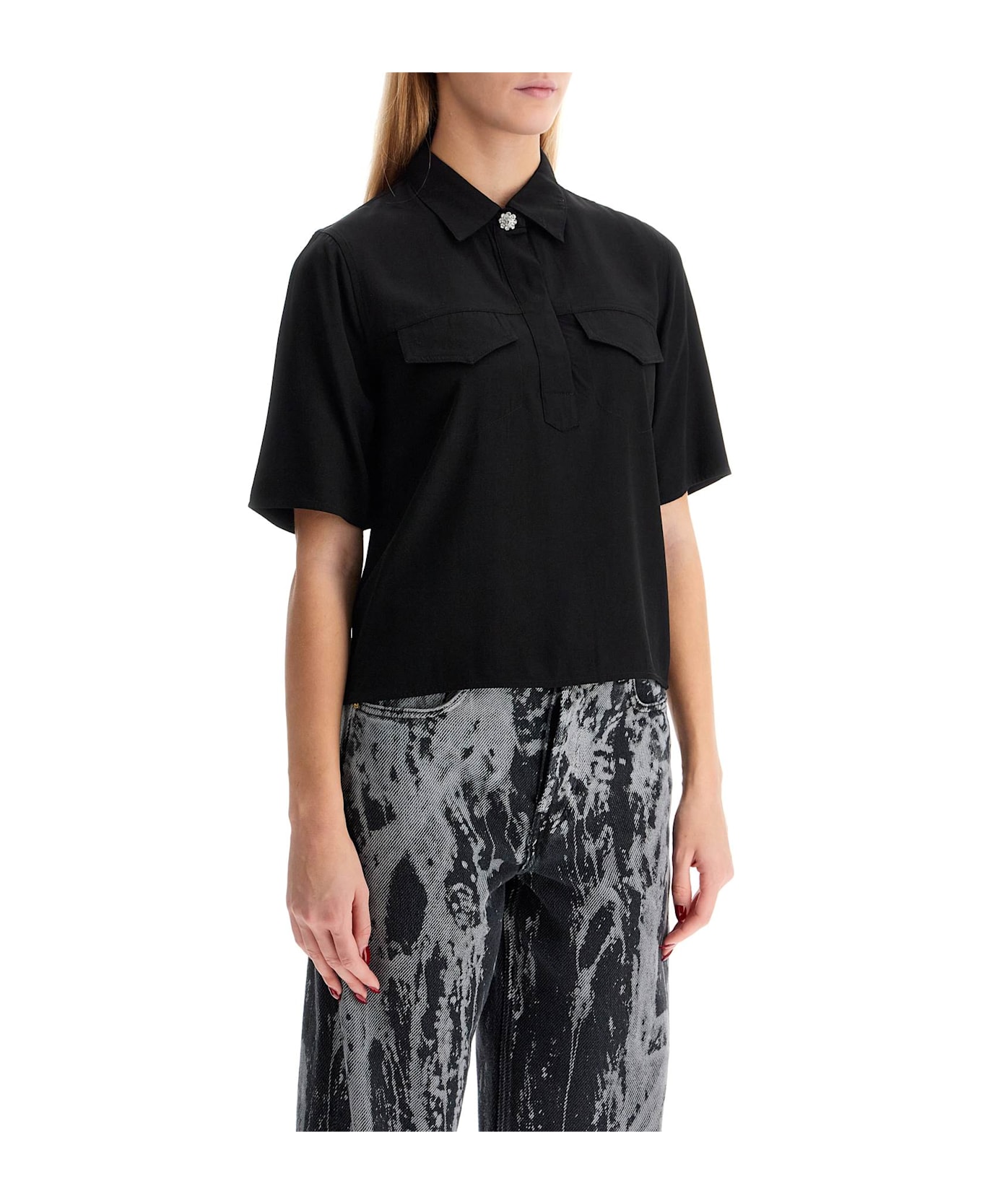 Ganni Twill And Viscose Shirt - BLACK (Black)