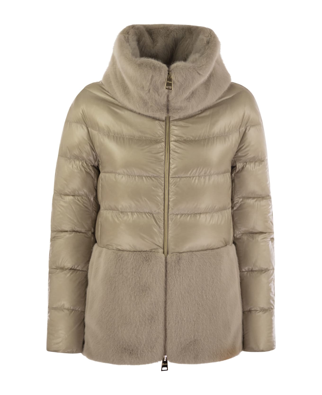 Herno Down Jacket With Cruelty-free Fur Details - Beige
