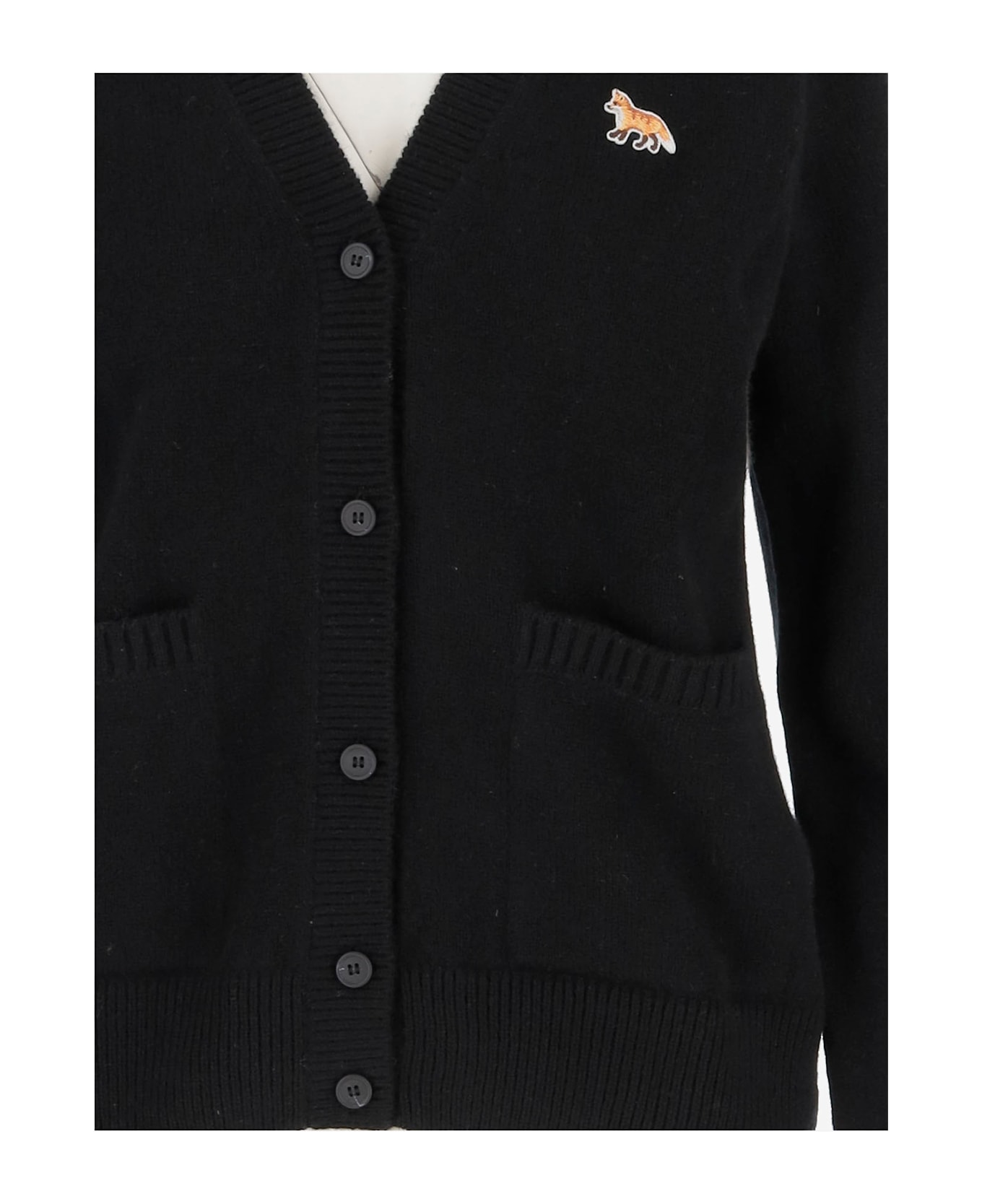 Maison Kitsuné Wool Cardigan With Fox Patch - Black