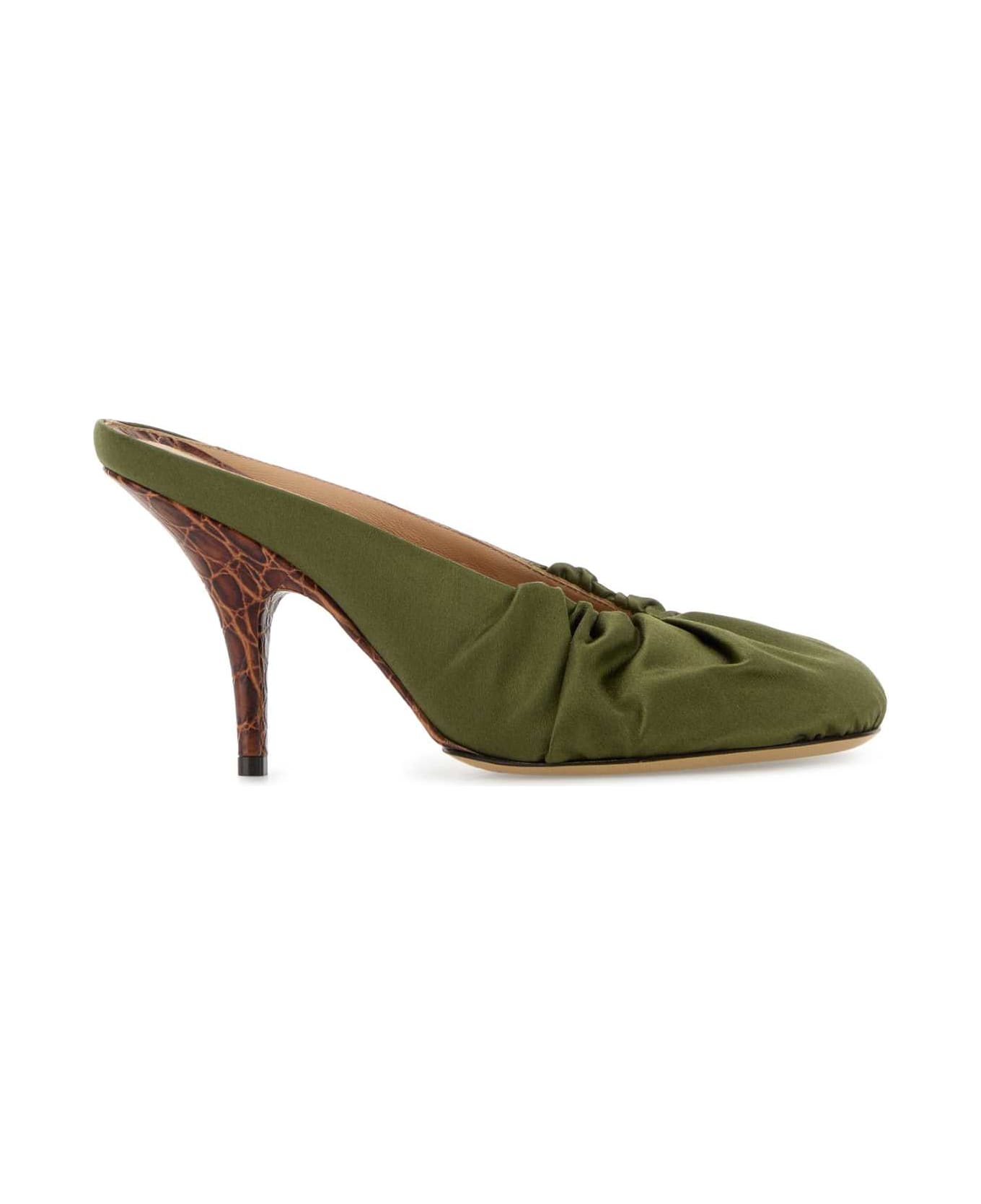 Dries Van Noten Olive Green Satin Mules - OLIVE