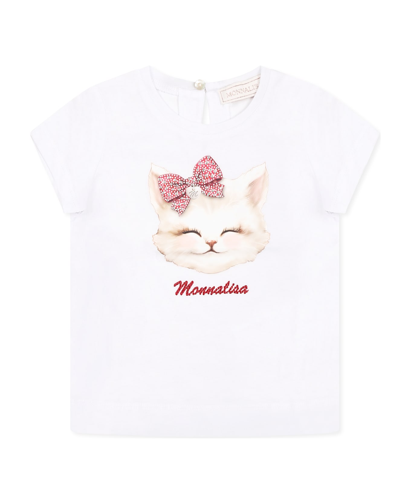 Monnalisa White T-shirt For Baby Girl With Cat - White