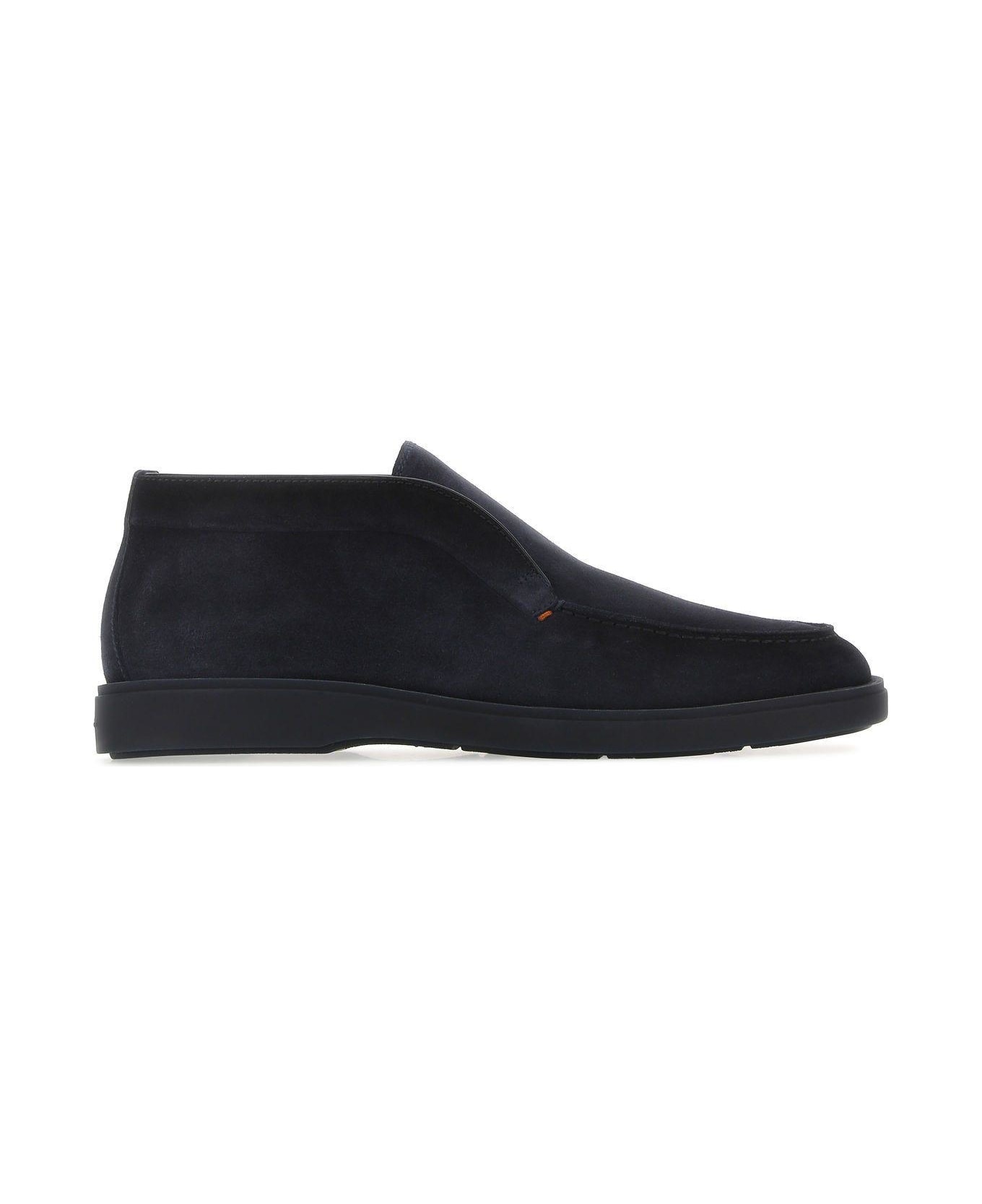 Santoni Navy Blue Suede Loafers - Blue