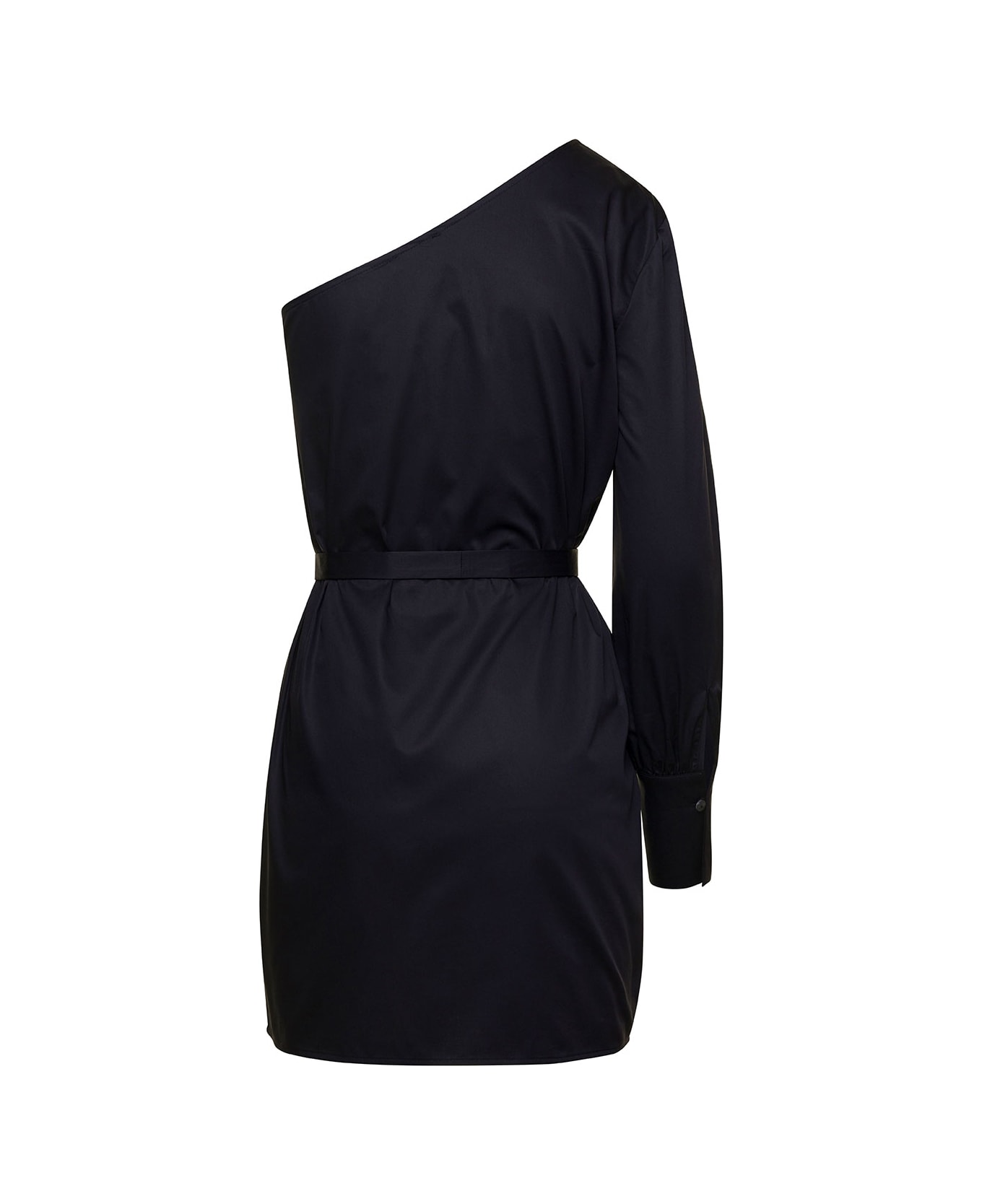 Douuod Mini Black One-shoulder Dress With Waist Belt In Cotton Woman - Black ワンピース＆ドレス