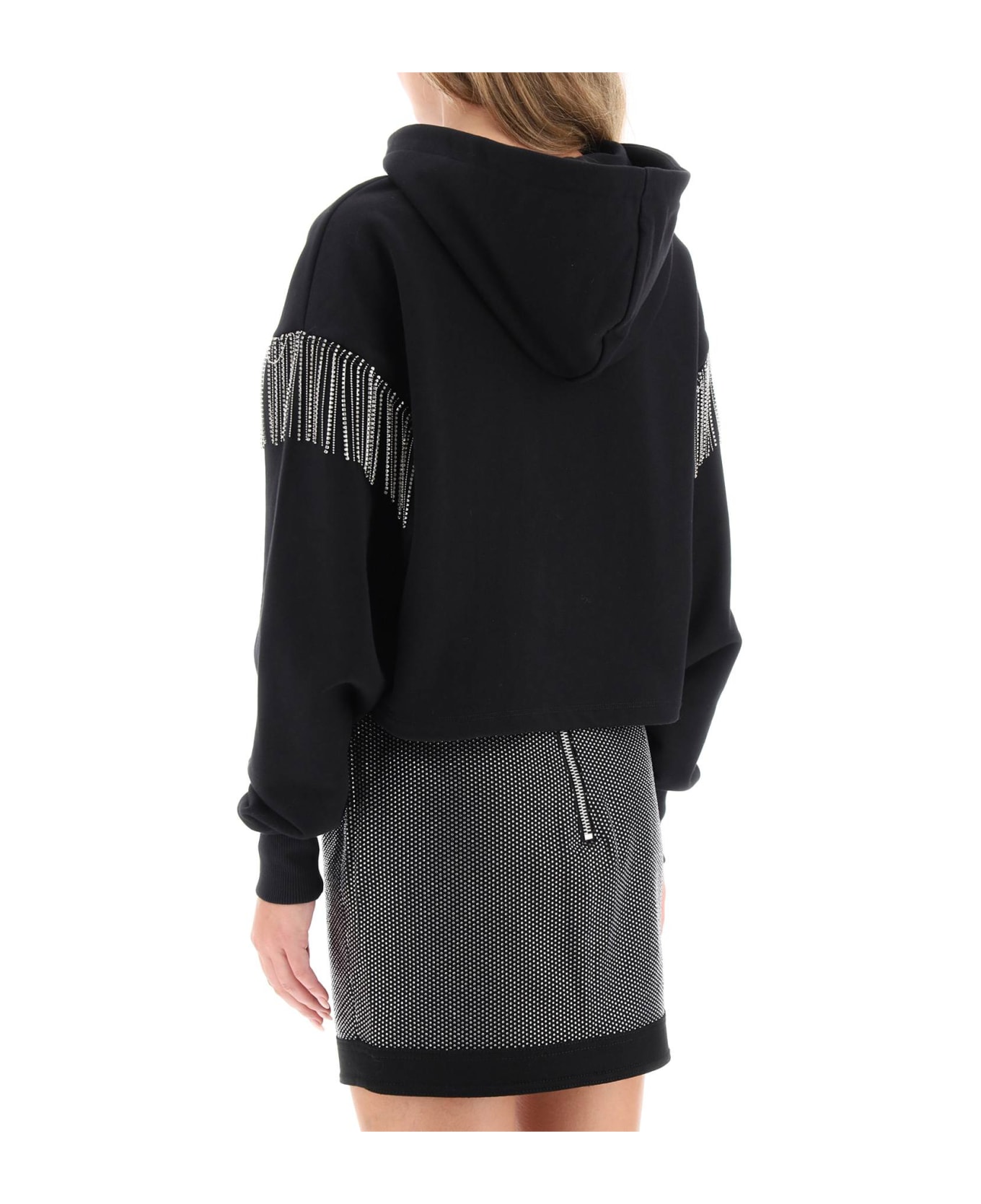Balmain Cropped Hoodie With Rhinestone-studded Logo And Crystal Cupchains - NOIR CRISTAL (Black)