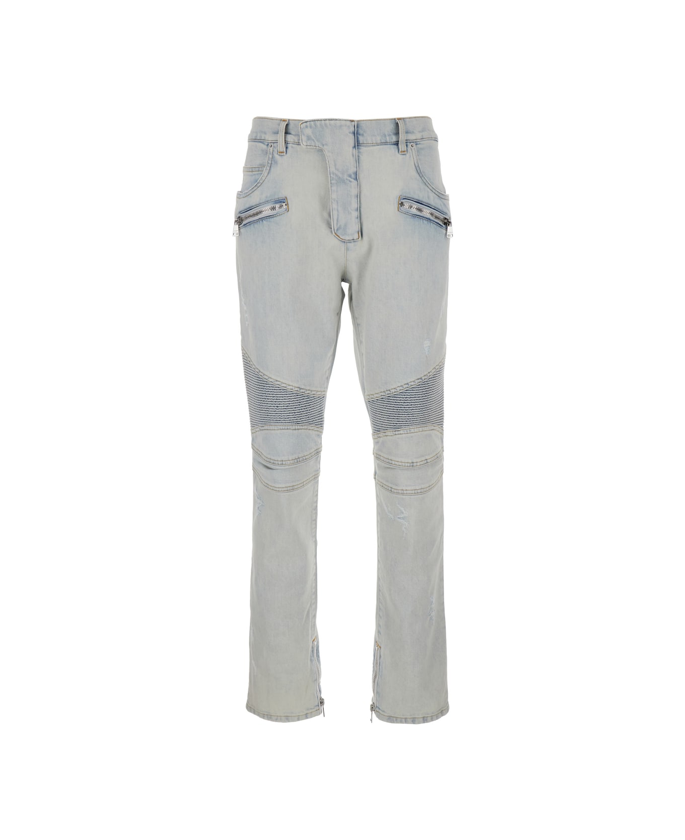 Balmain Light Blue Skinny Jeans With Logo Patch And Ribbed Knees In Stretch Cotton Denim Man - Light blue