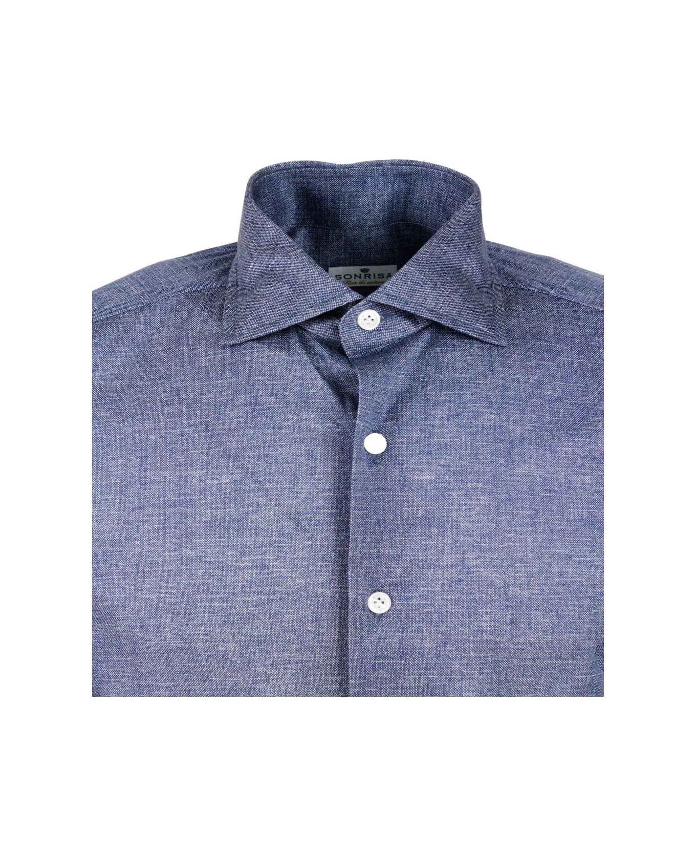 Sonrisa Luxury Shirt In Soft, Precious And Very Fine Stretch Cotton Flower With French Collar In Two-tone Melange Print - Blu navy