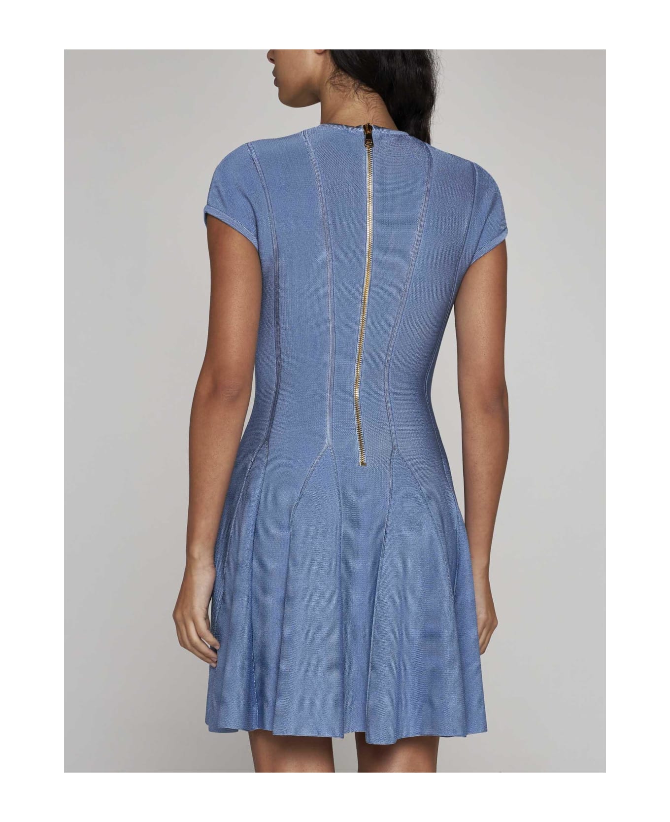 Balmain Buttoned Knit Skater Mini Dress - Blue