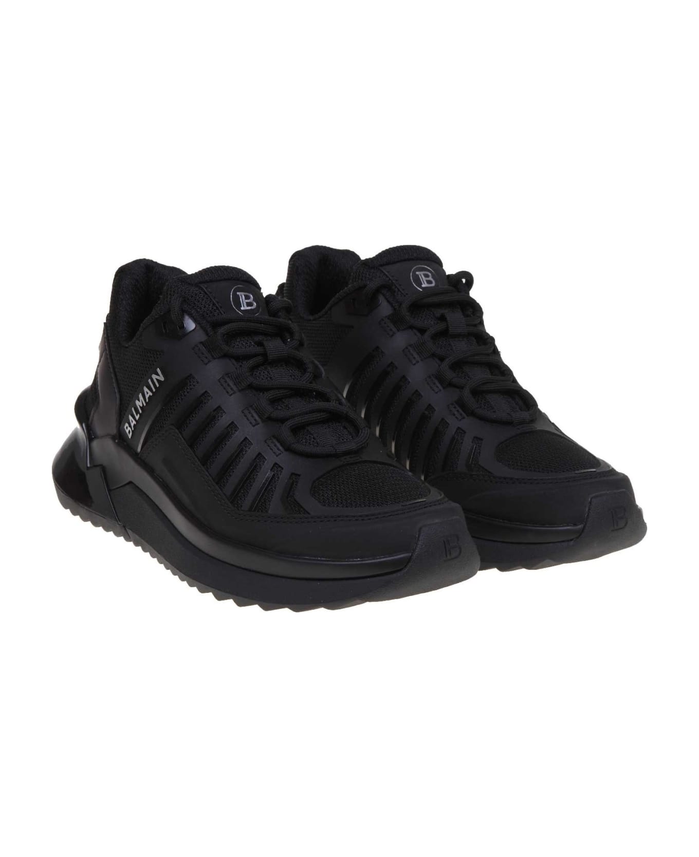 Balmain B-trail Sneakers In Leather And Black Fabric - Noir