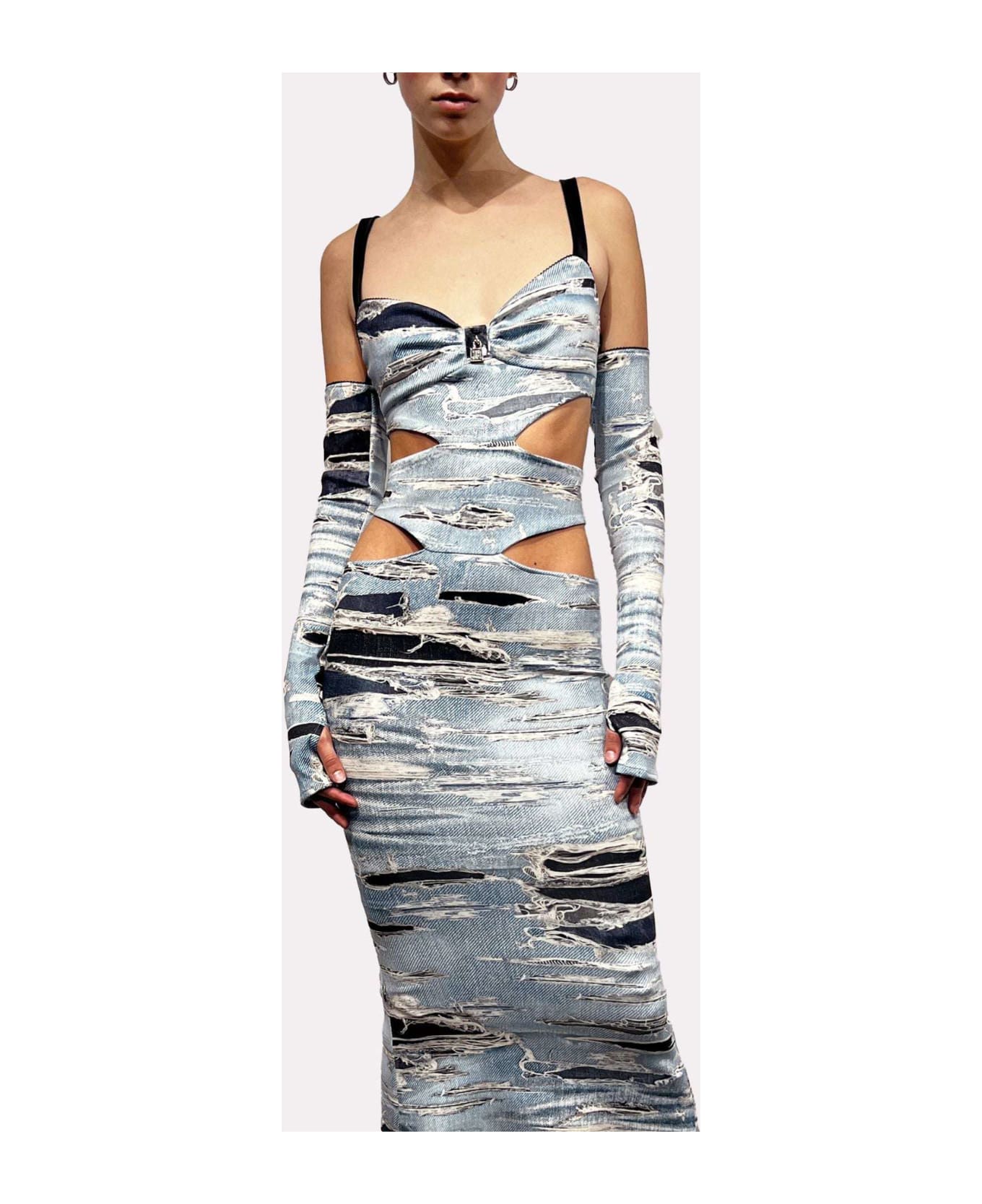 John Richmond Long Dress With Decorative Splits And Thin Straps. Iconic Runway Denim-effect Pattern. - Denim