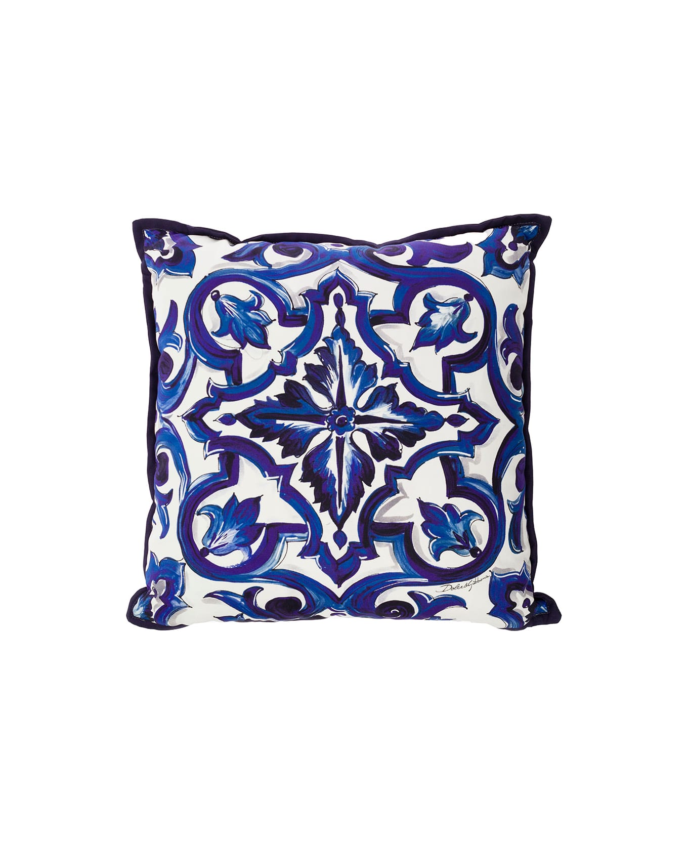Dolce & Gabbana Blue And White Small Cushion With Blue Mediterranean Print In Cotton Dolce & Gabbana - Blu