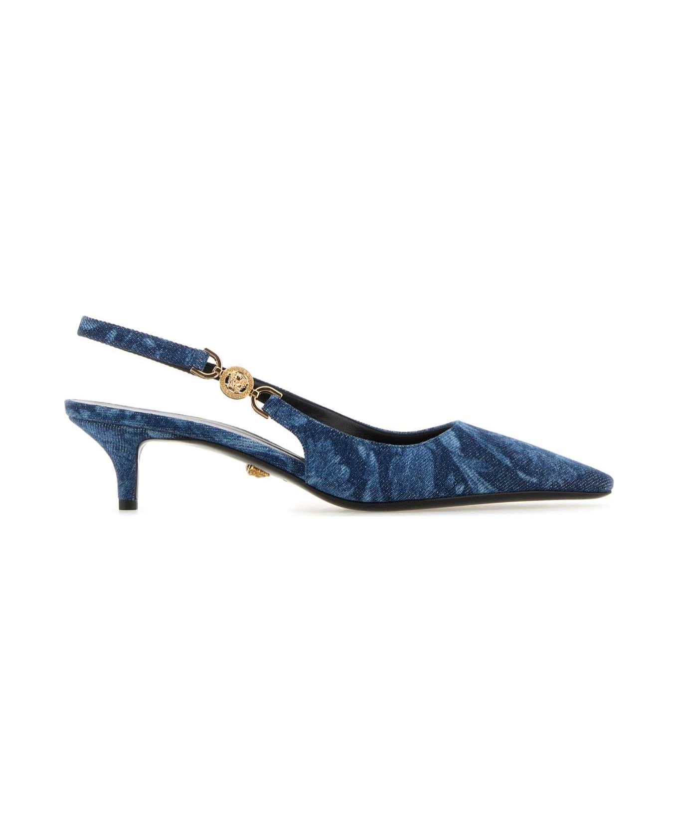 Versace Embroidered Denim Pumps - BLUEVERSACEGOLD ハイヒール