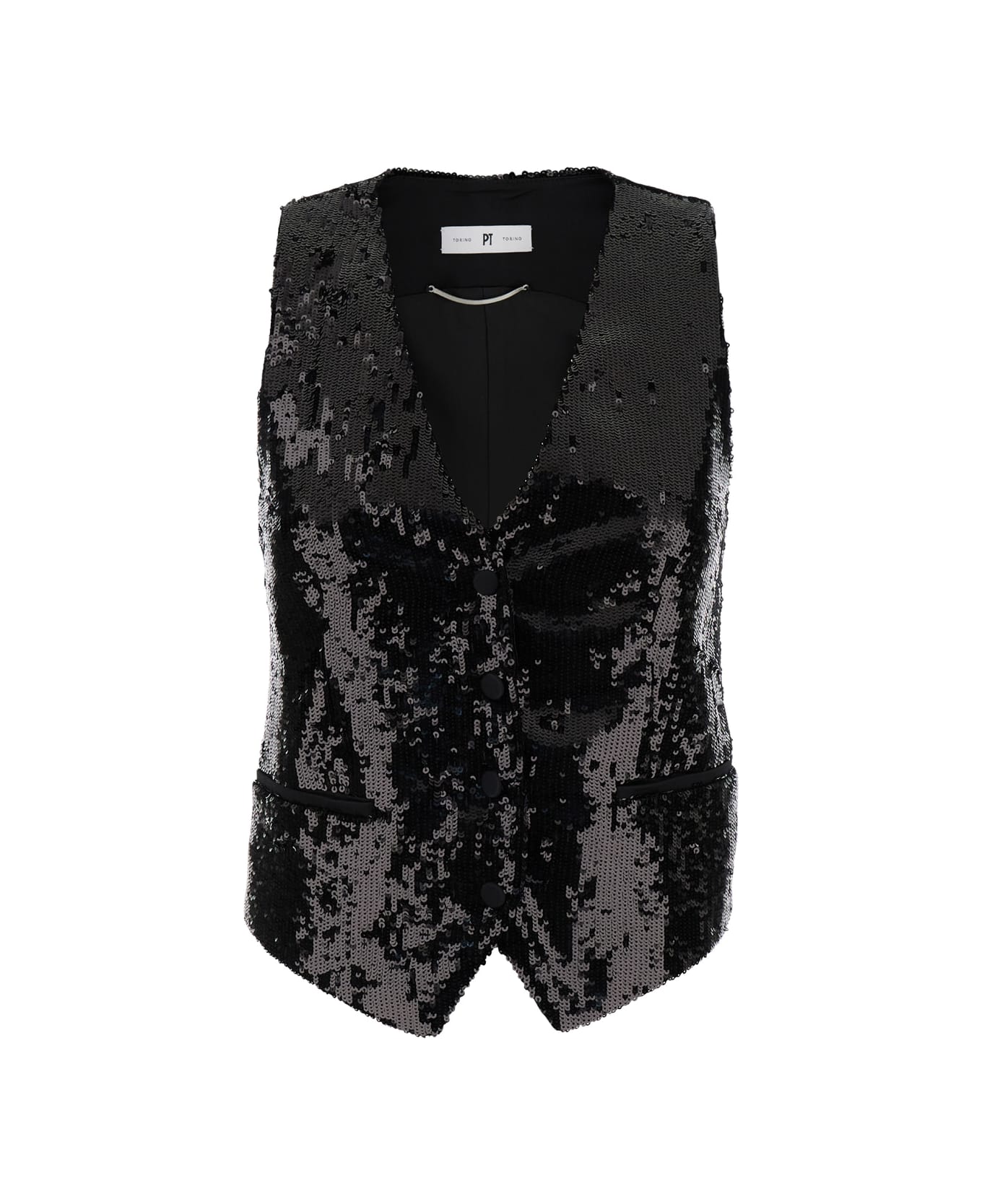 PT Torino Black Sequins Vest In Techno Fabric Woman - Black ベスト