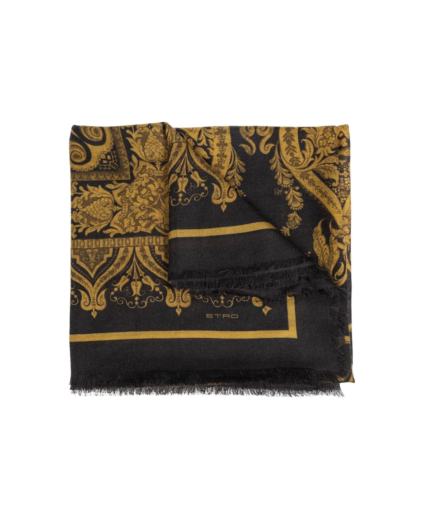 Etro Pattern Printed Fringed Scarf - Black