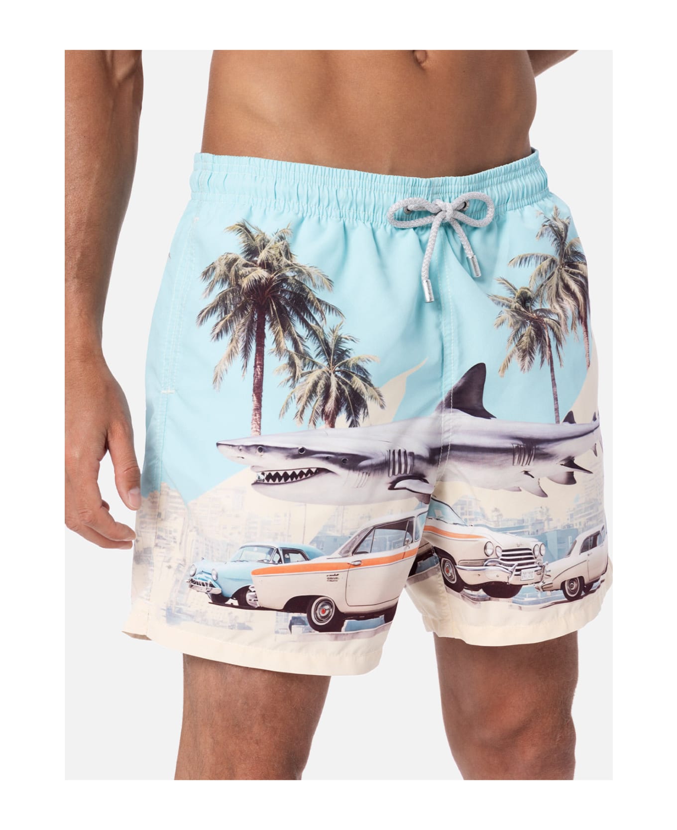MC2 Saint Barth Man Mid-length Gustavia Swim-shorts With Car And Shark Placed Print | Ai Co-created Design By Rickdick - Powered By Red - GREEN