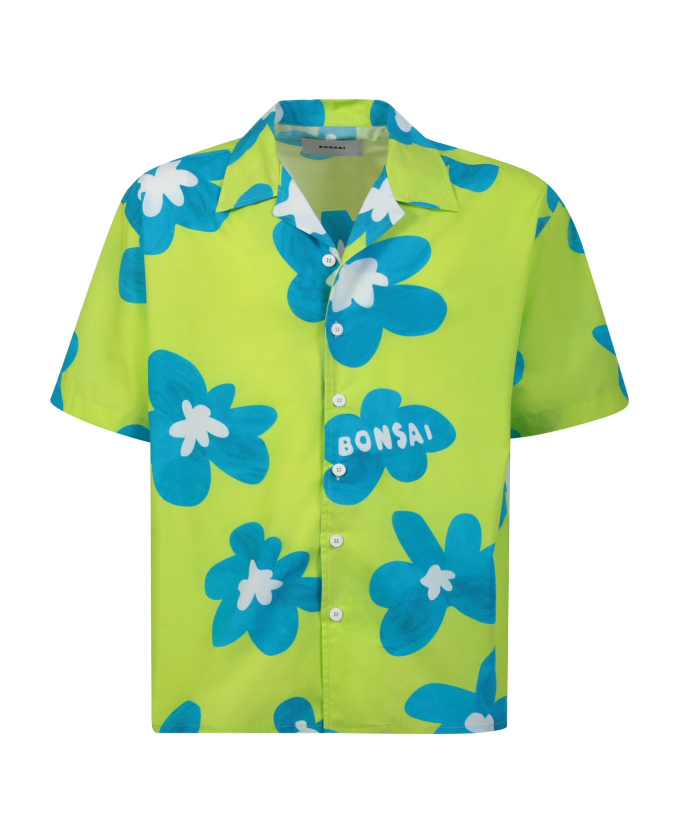 Bonsai Floral Print Lime Green/blue Bowling Shirt - Green
