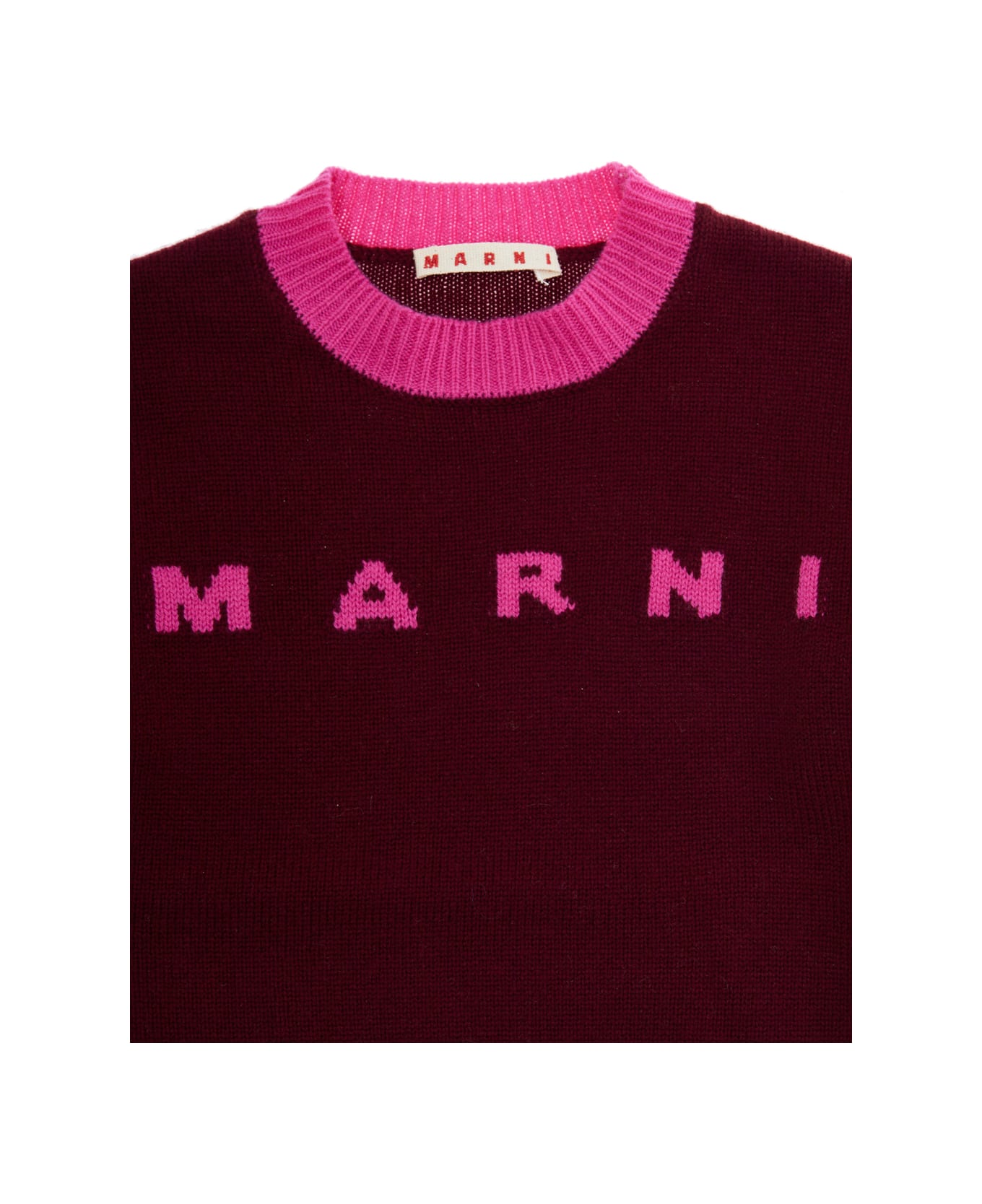 Marni Fuchsia Crewneck Sweater With Logo Lettering On The Front And Contrasting Trims In Wool And Cashmere Woman - Fuxia