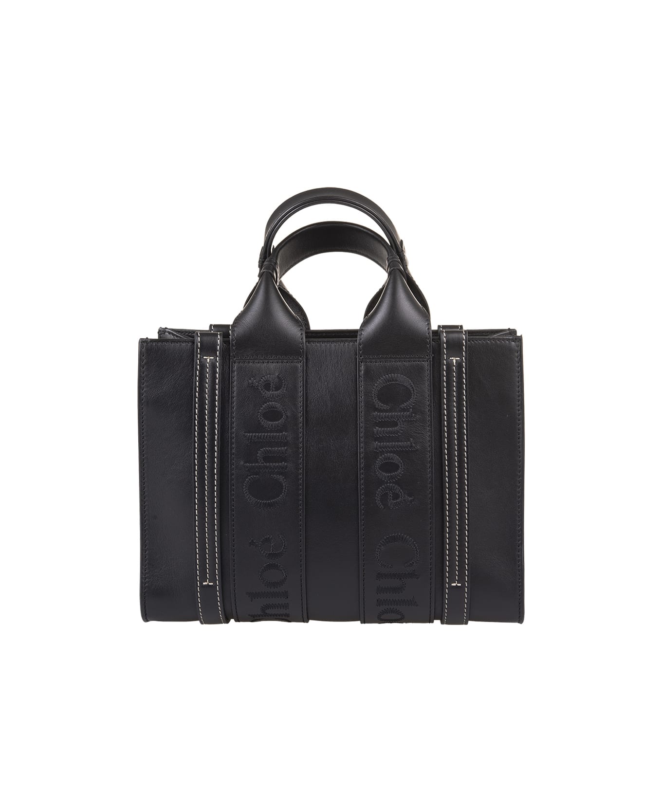 Chloé Woody Small Shopping Bag In Black Leather - Black
